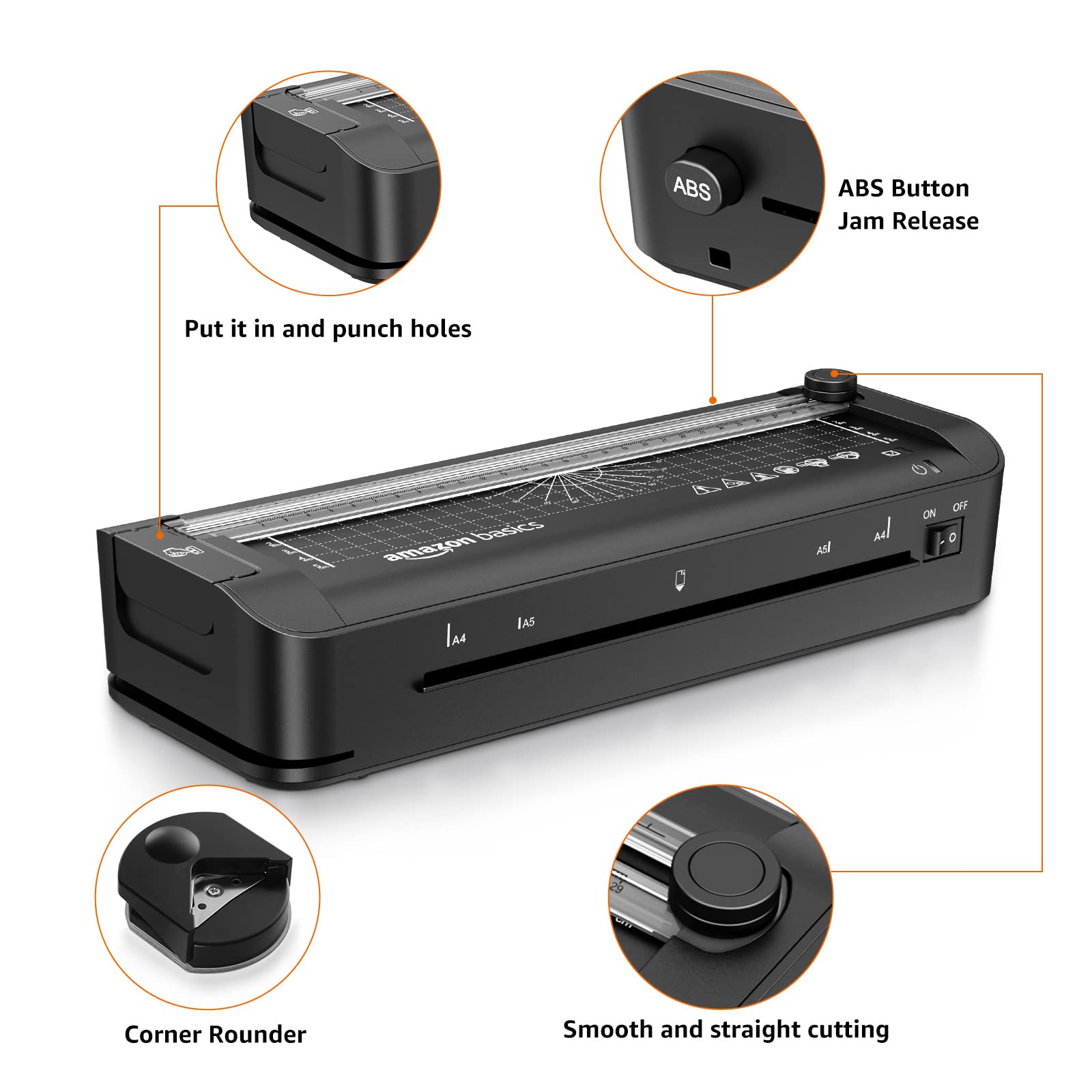 Amazon Basics 3-in-1-Thermolaminiergerät für A4-Größe, mit Funktionen zum Schneiden, Stanzen und Abrunden von Ecken, inkl. 10 Hüllen, EU-Stecker, Schwarz