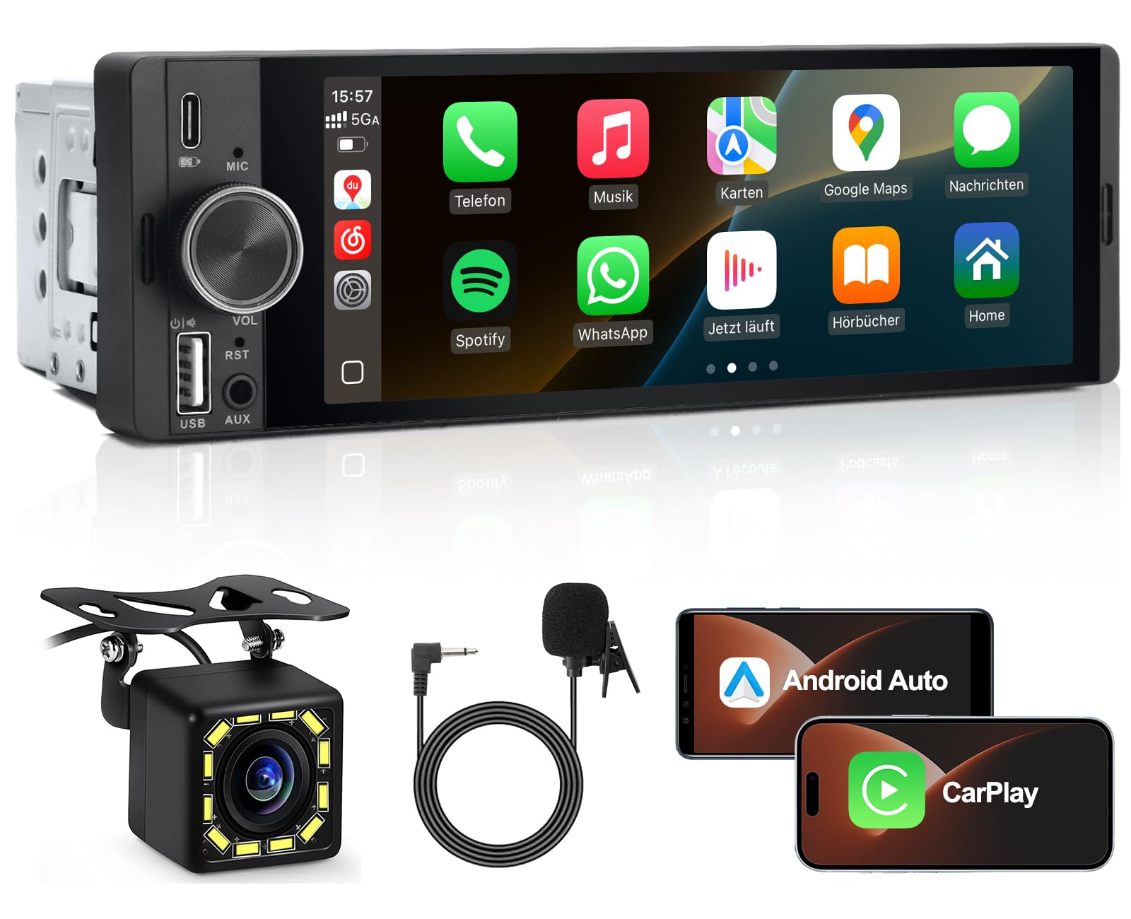 1 DIN Autoradio mit Wireless CarPlay & Android Auto, 6,36 Zoll Auto Radio mit Bildschirm, Rückfahrkamera, FM, Bluetooth, Freisprecheinrichtung, Aux-Eingang, Lenkradsteuerung, Equalizer, Mirror Link