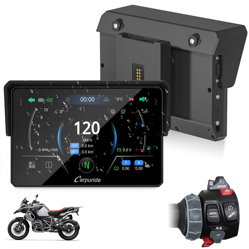 CARPURIDE W502BS Pro für BMW-Motorrad, CarPlay & Android Auto, Dual-Bluetooth, 5 Zoll Wasserdichter GPS-Navigations Bildschirm, Datenablesung, Native Wonder, TPMS, Lichtsensor, Musikfreigabe