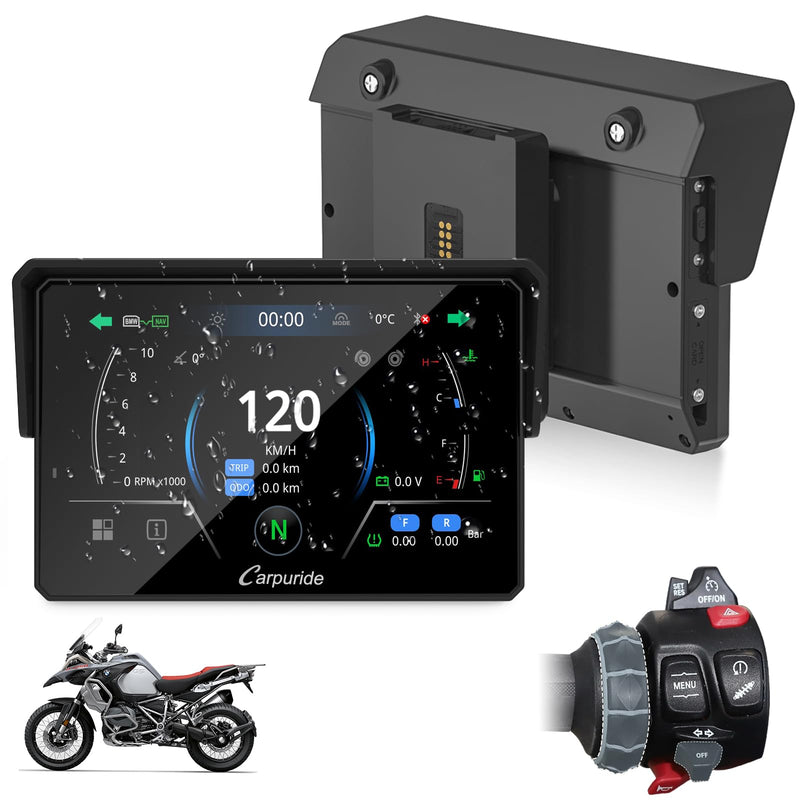 CARPURIDE W502BS Pro für BMW-Motorrad, CarPlay & Android Auto, Dual-Bluetooth, 5 Zoll Wasserdichter GPS-Navigations Bildschirm, Datenablesung, Native Wonder, TPMS, Lichtsensor, Musikfreigabe