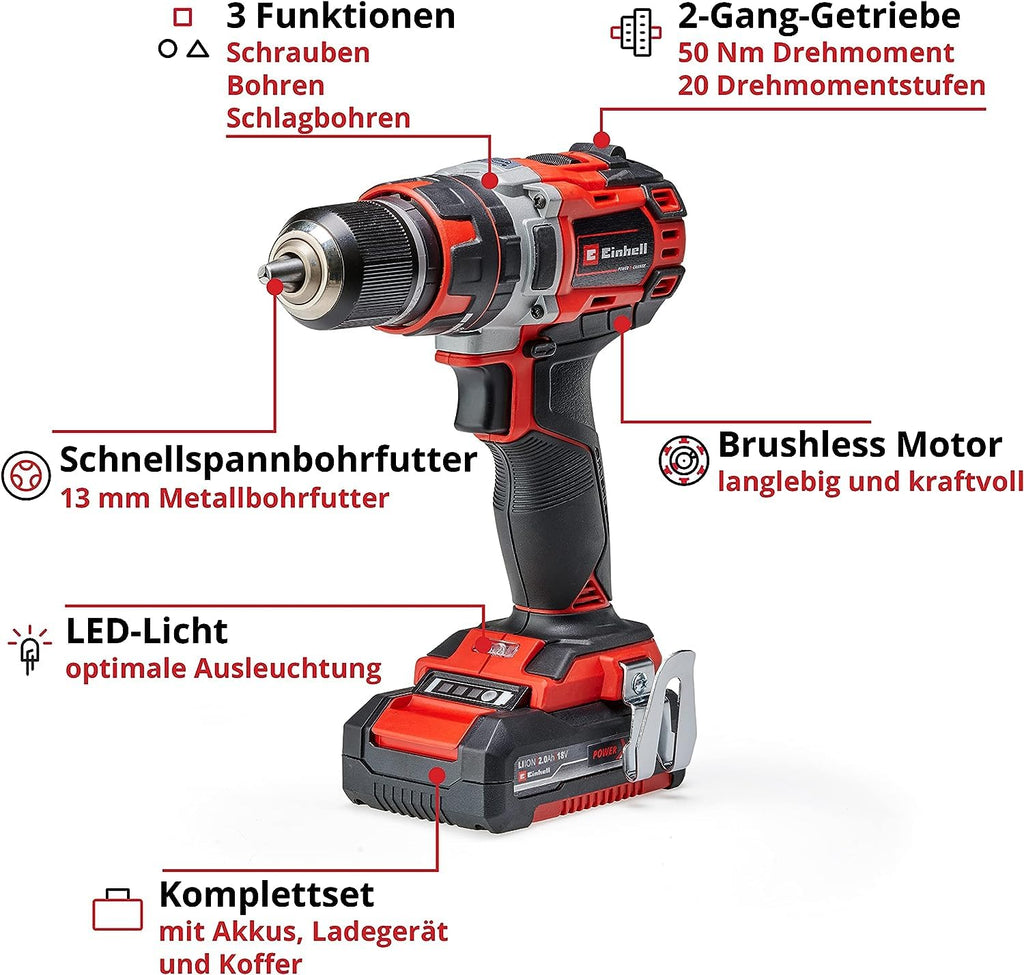 Einhell Professional Akku-Schlagbohrschrauber TP-CD 18/50 Li-i BL Kit Power X-Change (18 V, Brushless, 50 Nm, Schlagbohrfunktion, inkl. 2x 2,0 Ah Akkus + Ladegerät)