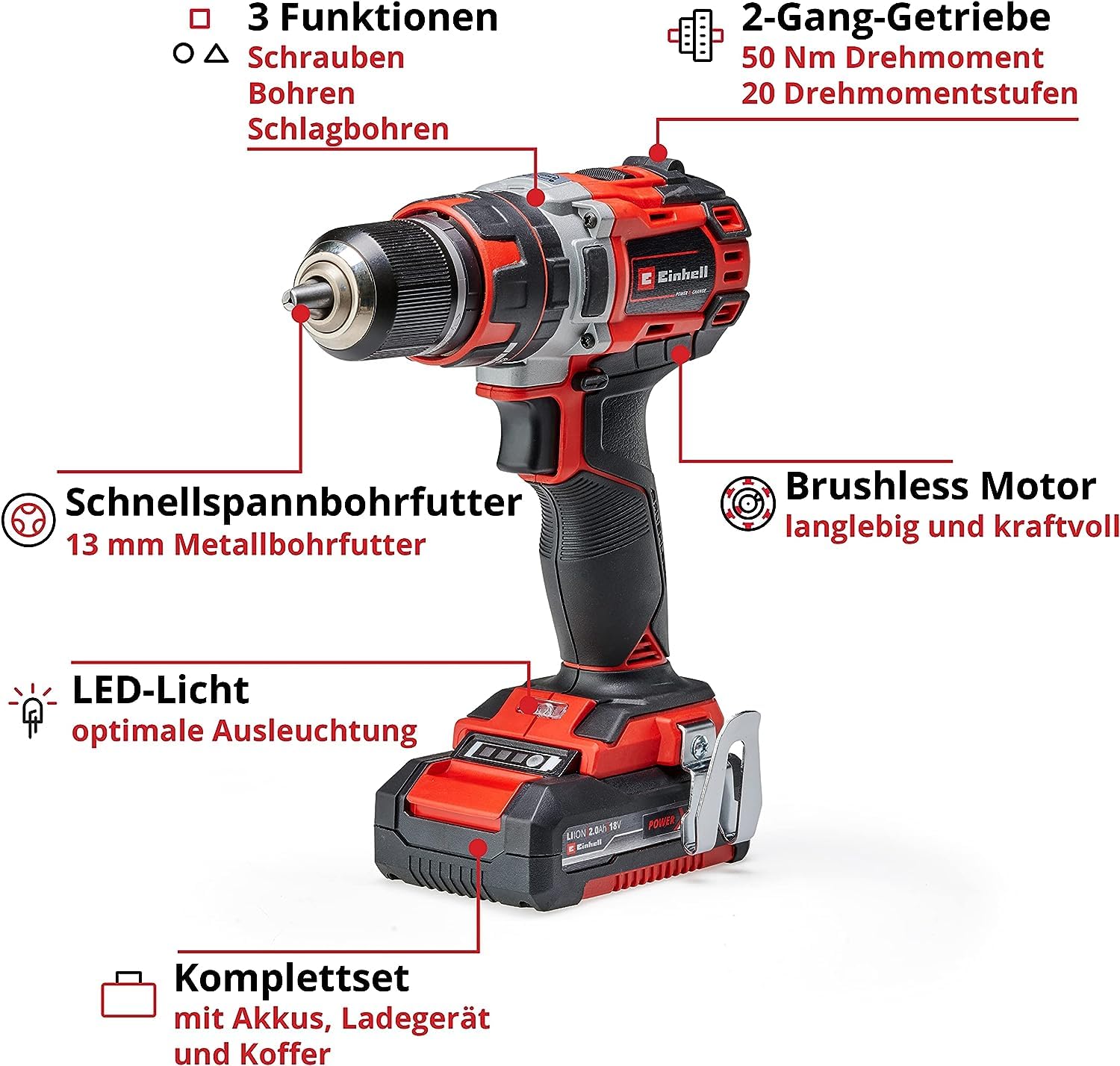 Einhell Professional Akku-Schlagbohrschrauber TP-CD 18/50 Li-i BL Kit Power X-Change (18 V, Brushless, 50 Nm, Schlagbohrfunktion, inkl. 2x 2,0 Ah Akkus + Ladegerät)