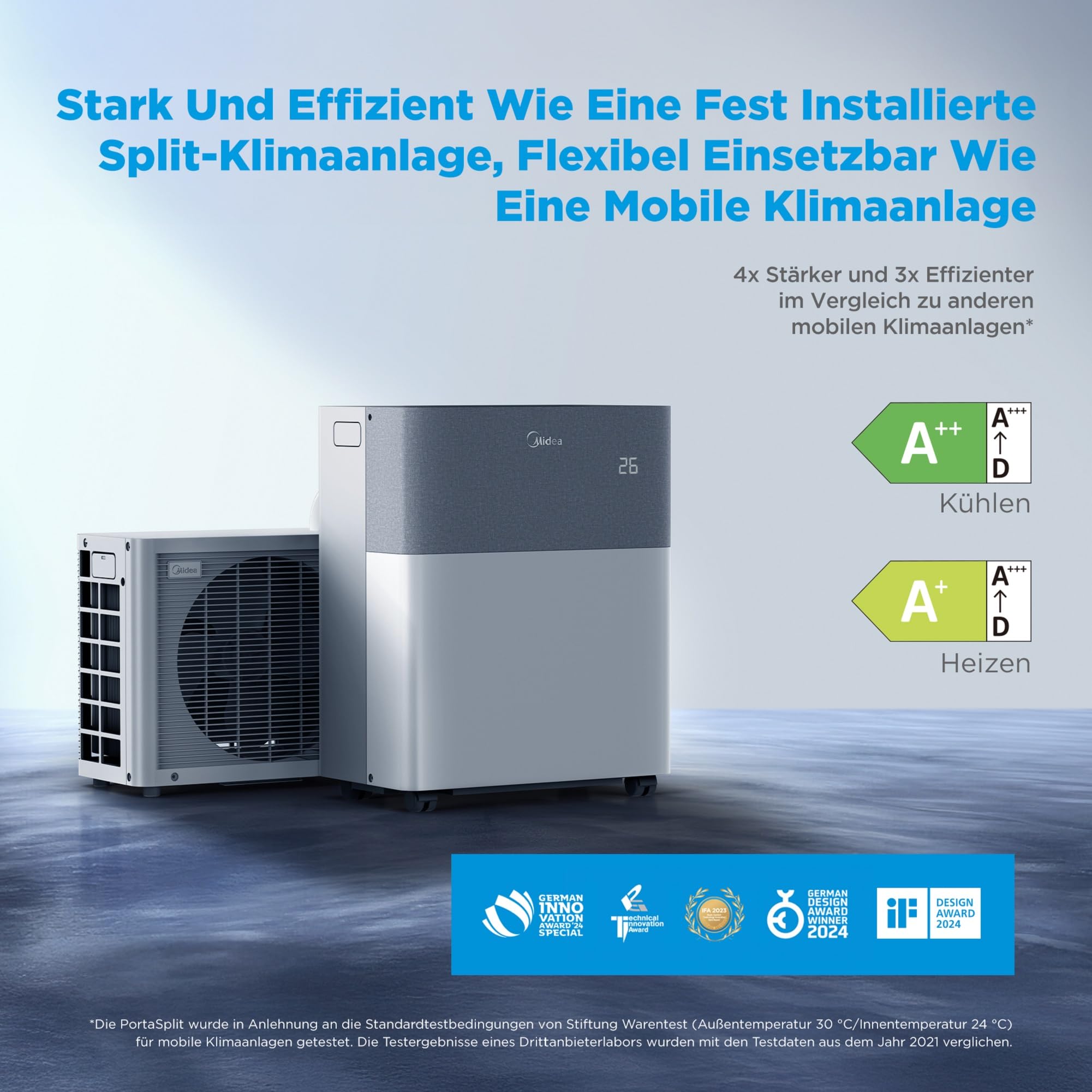 Midea Portasplit Mobile Wärmepumpe, Klimaanlage, Kühlen A++/Heizen A+, 12000 BTU 3, 5kW, für Räume bis zu 42 m² / 105 m³, nur 39 dB(A) im Silent-Modus