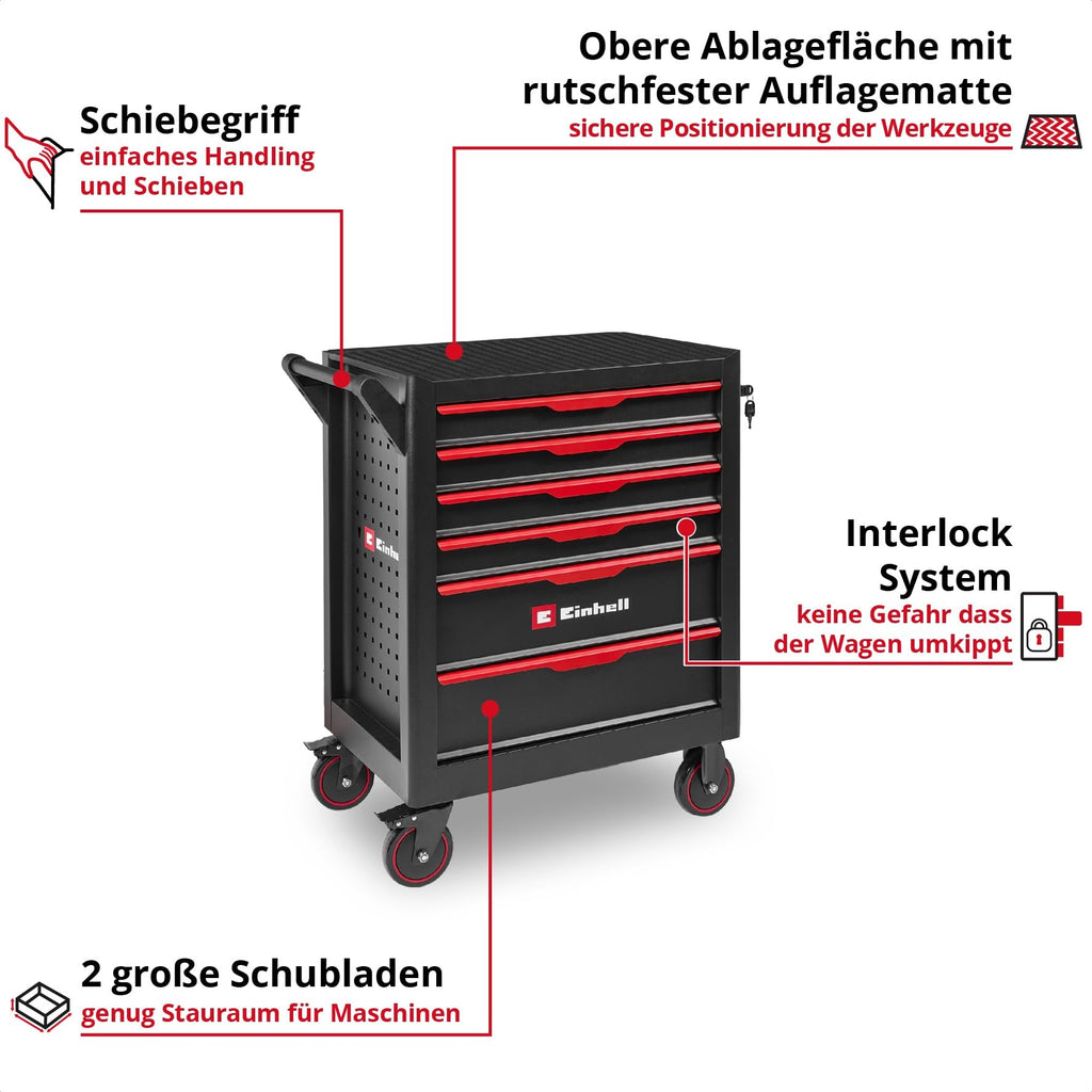 Original Einhell Werkstattwagen leer (6 Schubladen, Interlock-System, kugelgelagerte Führungsschienen, belastbar bis 135 kg, mobil mit Feststellrollen)