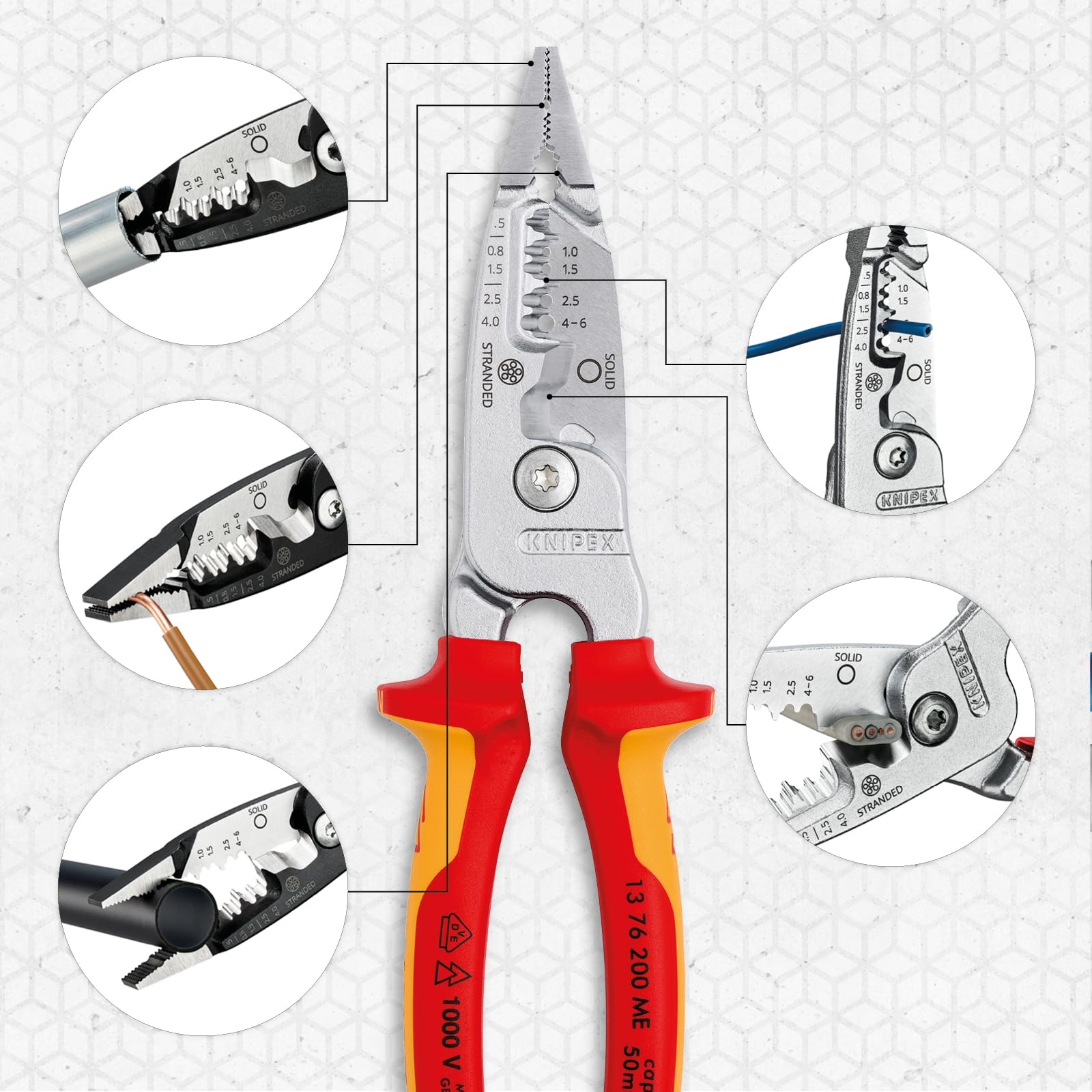 KNIPEX Multifunktions-Elektrikerzange metrisches Modell verchromt isoliert mit Mehrkomponenten-Hüllen, VDE-geprüft 200 mm, 13 76 200 ME