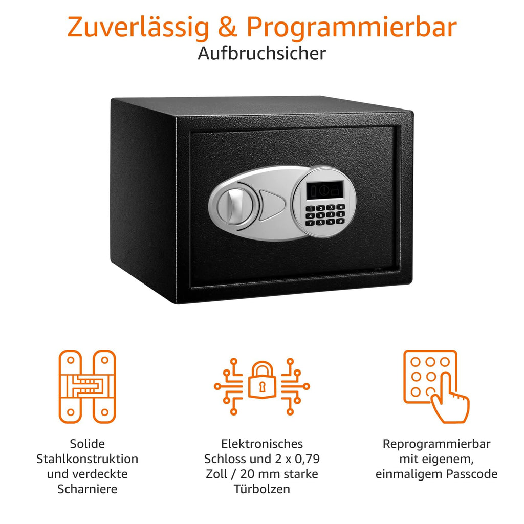 Amazon Basics Tresor aus Stahl, Sicherheit für Zuhause, mit digitaler Tastatursperre – für Bargeld, Schmuck, Ausweise, Dokumente, 14 l, 35cm x 25cm x 25cm (B x T x H), Schwarz