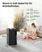 Luftbefeuchter Große Räume 20L, Warm&Kalter Nebel Humidifier bis 100 m² Zuhause Raumbefeuchter, 360° Doppeldüsen Ultraschall Luftbefeuchter, Schlafzimmer/Wohnzimmer/Büro/Pflanzen/kommerzielle, Schwarz