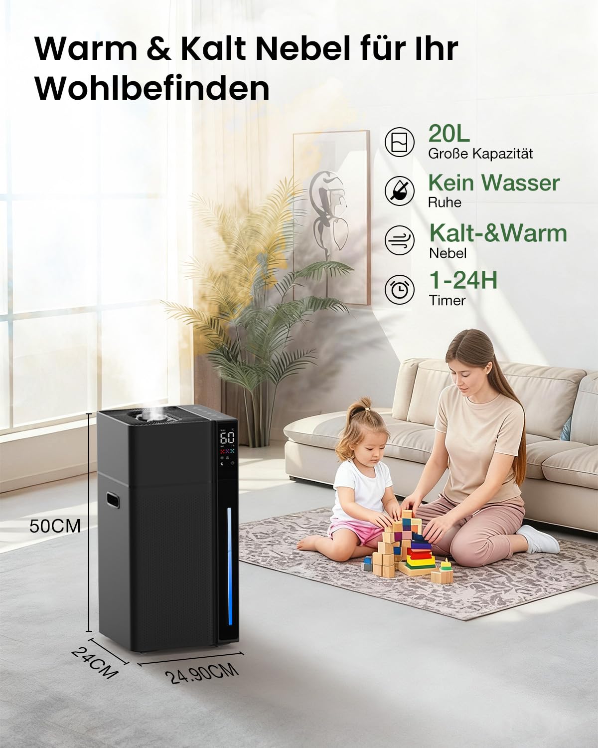 Luftbefeuchter Große Räume 20L, Warm&Kalter Nebel Humidifier bis 100 m² Zuhause Raumbefeuchter, 360° Doppeldüsen Ultraschall Luftbefeuchter, Schlafzimmer/Wohnzimmer/Büro/Pflanzen/kommerzielle, Schwarz