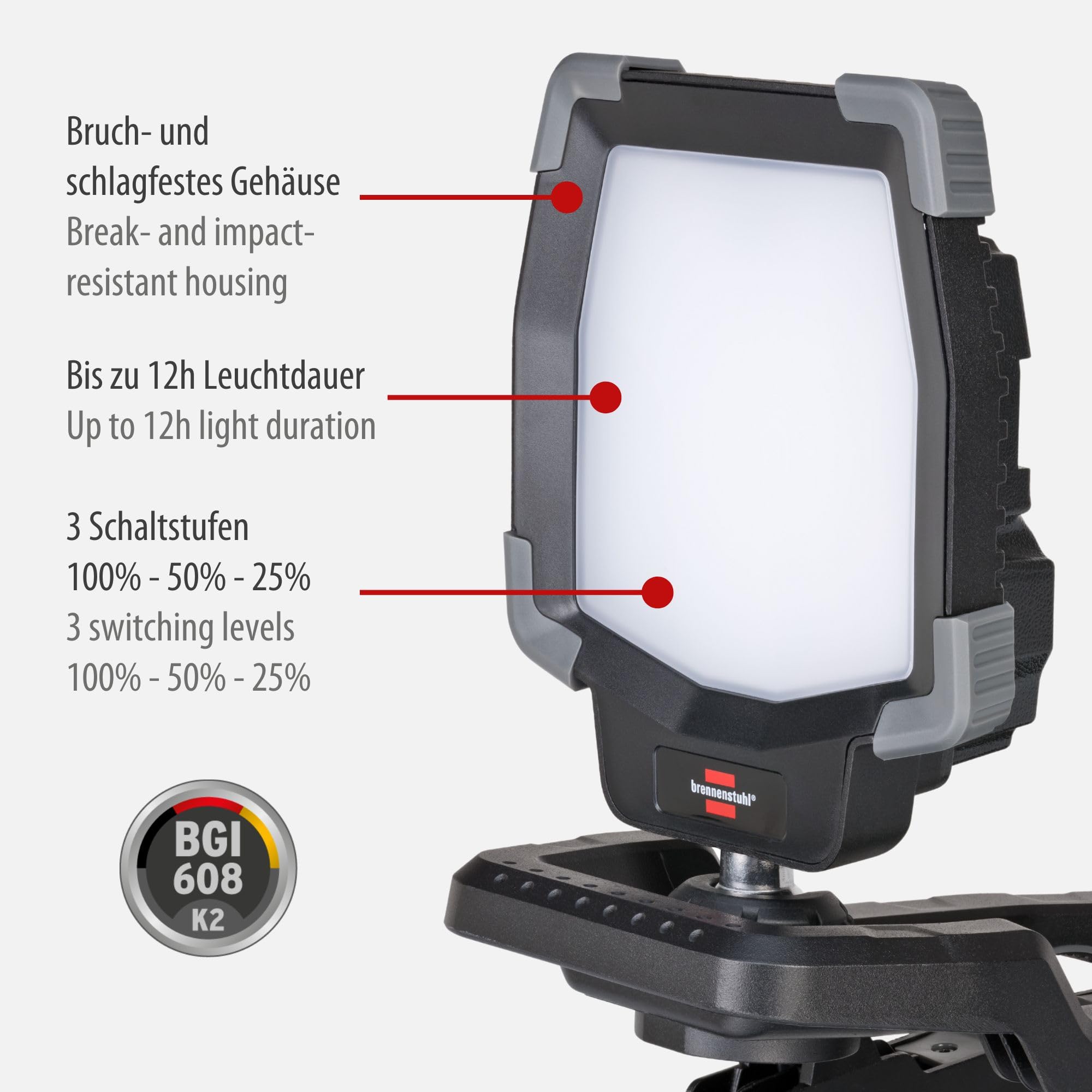 Brennenstuhl klemmbarer LED Arbeitsstrahler CL 4050 MA (40W, 3800lm, IP65, Akku LED Arbeitsleuchte mit Neigungswinkel, USB, Powerbank, Engineered in Germany)