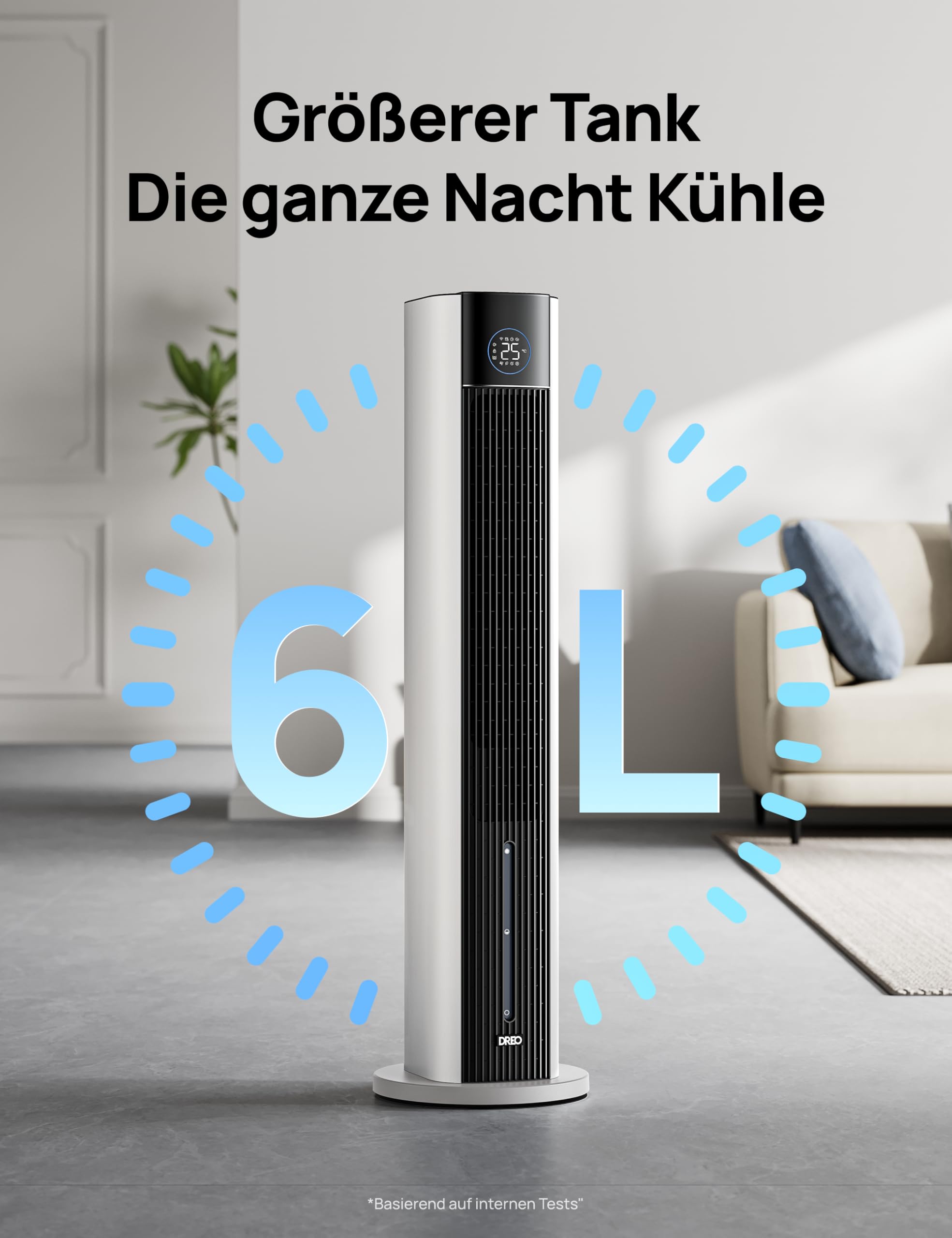 Dreo Turmventilator mit Wasserkühlung, 43” Luftkühler mit Wasserkühlung Leise, 4-Geschwindigkeiten-4-Modi Verdunstungskühler, APP-Steuerung, Eisbeutel, 85° Oszillation, 12-Std. Timer, weiß