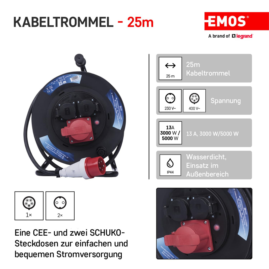 EMOS - CEE-Kabeltrommel 25m - 3 Steckdosen (1 CEE, 2 Schuko) - wasserdicht - 230 V/400 V, 13 A, 3000 W/5000 W - Gummi-Isolierung - H07RN-F 1,5 mm2 - IP44 für Außenbereich & Camping