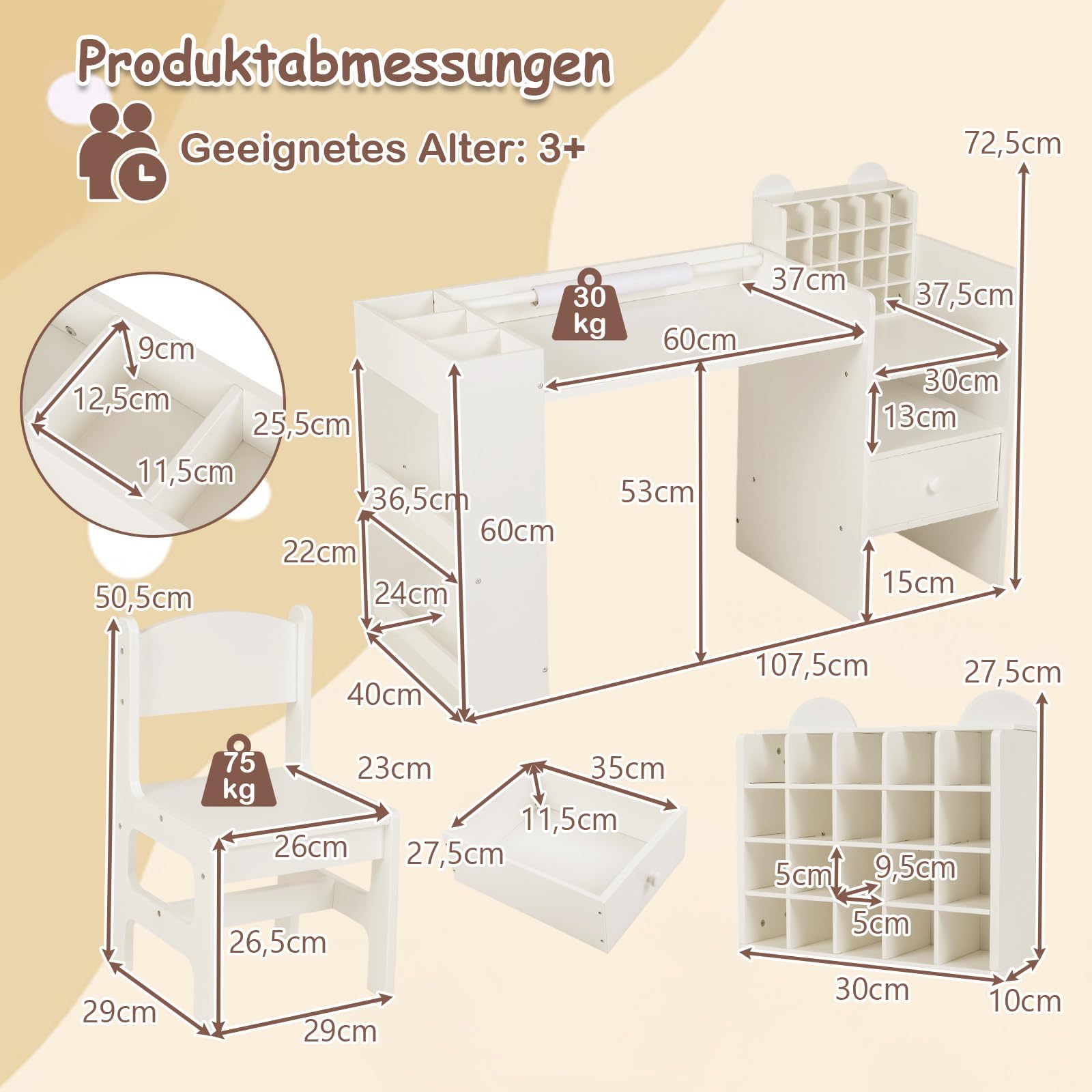 COSTWAY Kinder Tisch Stuhl Set, Maltisch mit abnehmbarem Papierrollenhalter & Fächerschrank, Kindertisch mit Stauraum, Regalen & Schublade, Kindersitzgruppe für Kinder ab 3 Jahren