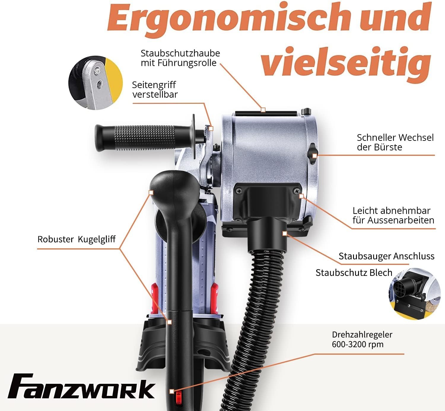 FANZWORK V2 1500 Watt Satiniermaschine zur Renovierung von Oberflächen aller Art, mit Staubsaugung-Anschluss, Drehzahlregelung, Kugelgriff, Stahldraht& Nylon & Schleifpapier Bürste
