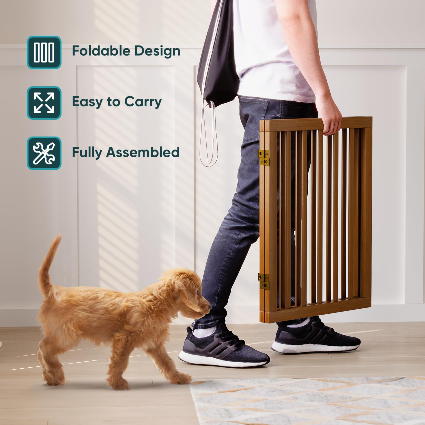 Semiocthome Freistehendes Haustiergitter mit 2 Ständern, Bambus-Hundegitter für Türen, Hundegitter für das Haus, Welpengitter für Treppen, Faltbarer Sicherheitszaun, 61 cm Höhe, 2 Paneele, komplett