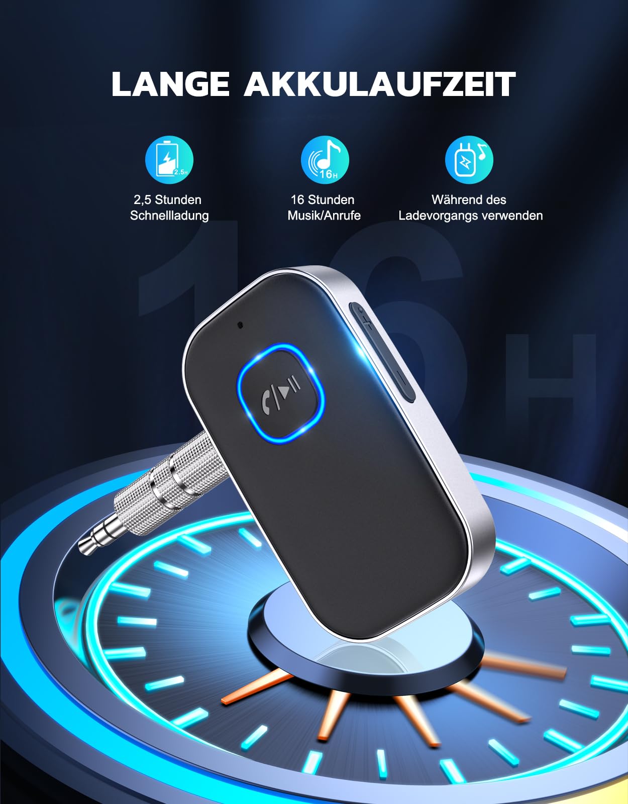 Glangeh Bluetooth 5.3 Adapter Auto, Upgraded Lärmminderung 3,5mm Aux Bluetooth Adapter, 16H Standby Empfänger Receiver Klinke für Auto Audio System, Kopfhörer, Speaker, Stereo-Endstufen