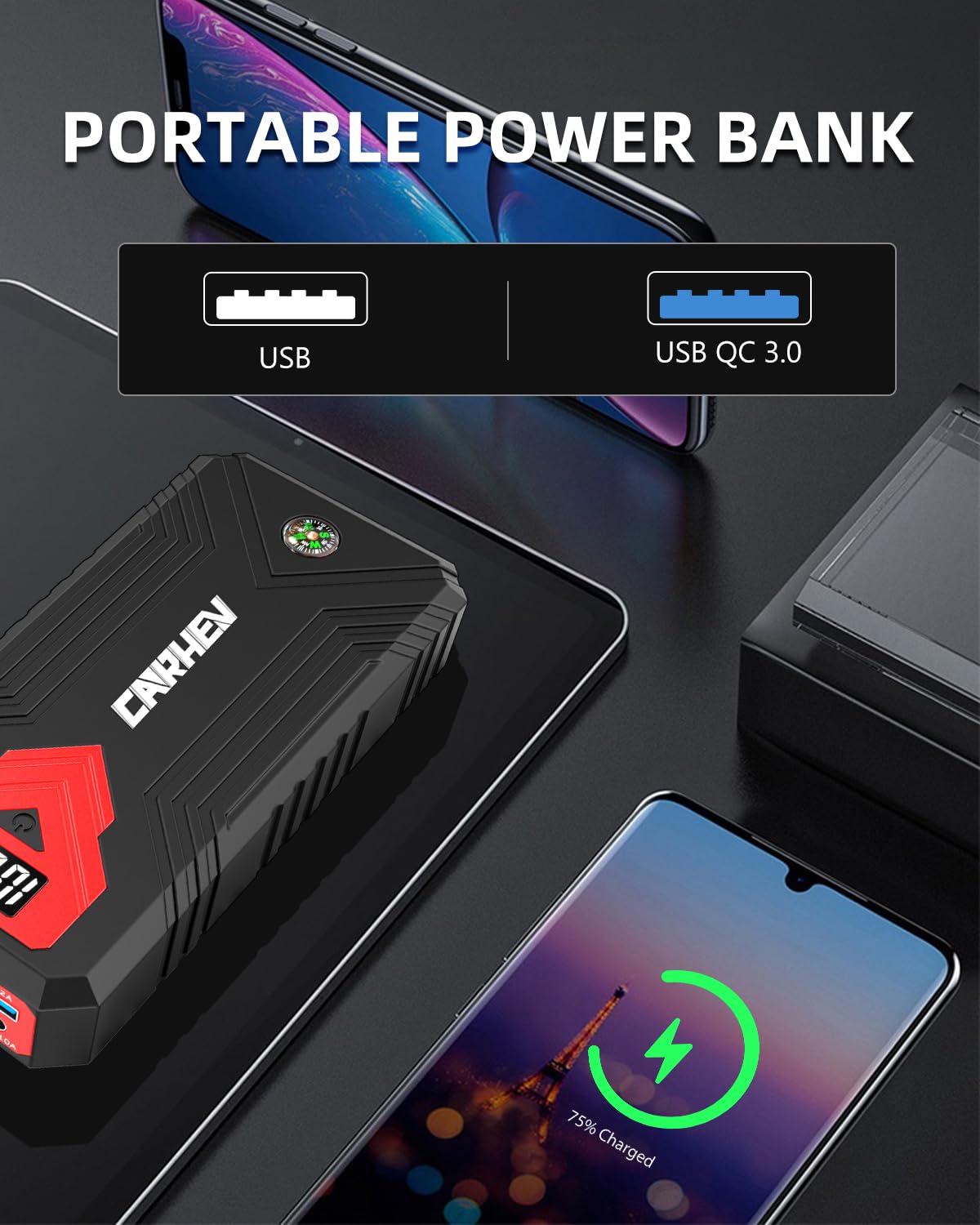 CARHEV Starthilfe Powerbank für pkw, 4000A Auto Starthilfe Powerbank (Bis Zu 8,0L Benzin Oder 8,0L Diesel), 12V Jump Starter Powerbank mit USB Schnellladung und LED Taschenlampe