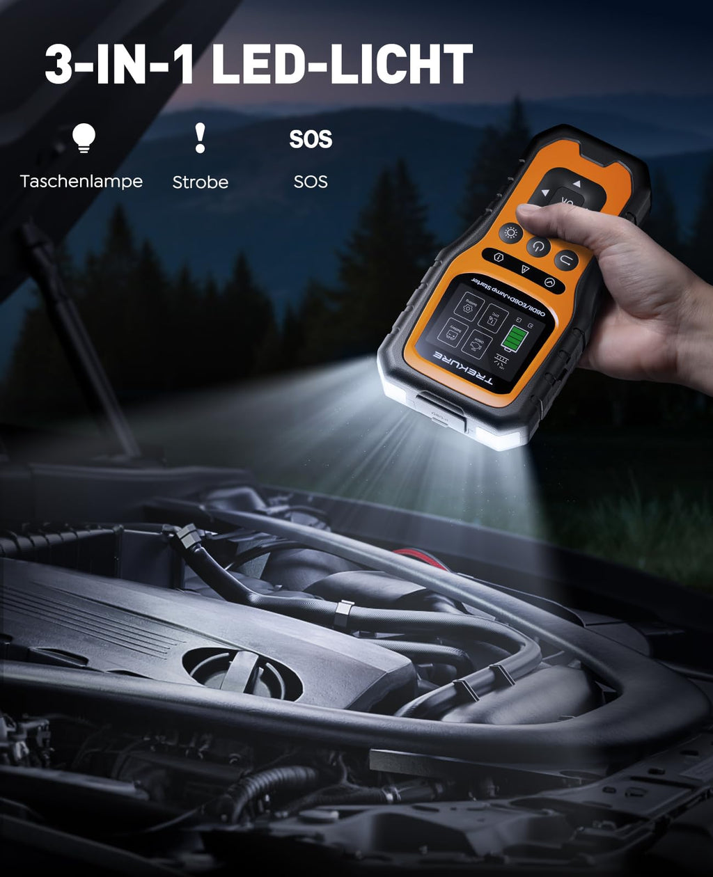 TREKURE 6000A Auto Starthilfe Powerbank mit OBD2 Diagnosegerät und Batterietest, Starthilfe Powerbank für PKW 12V, für Benzin & Diesel bis 10,0L, Tragbare Starthilfe mit LED-Notlicht, V0-Feuerschutz