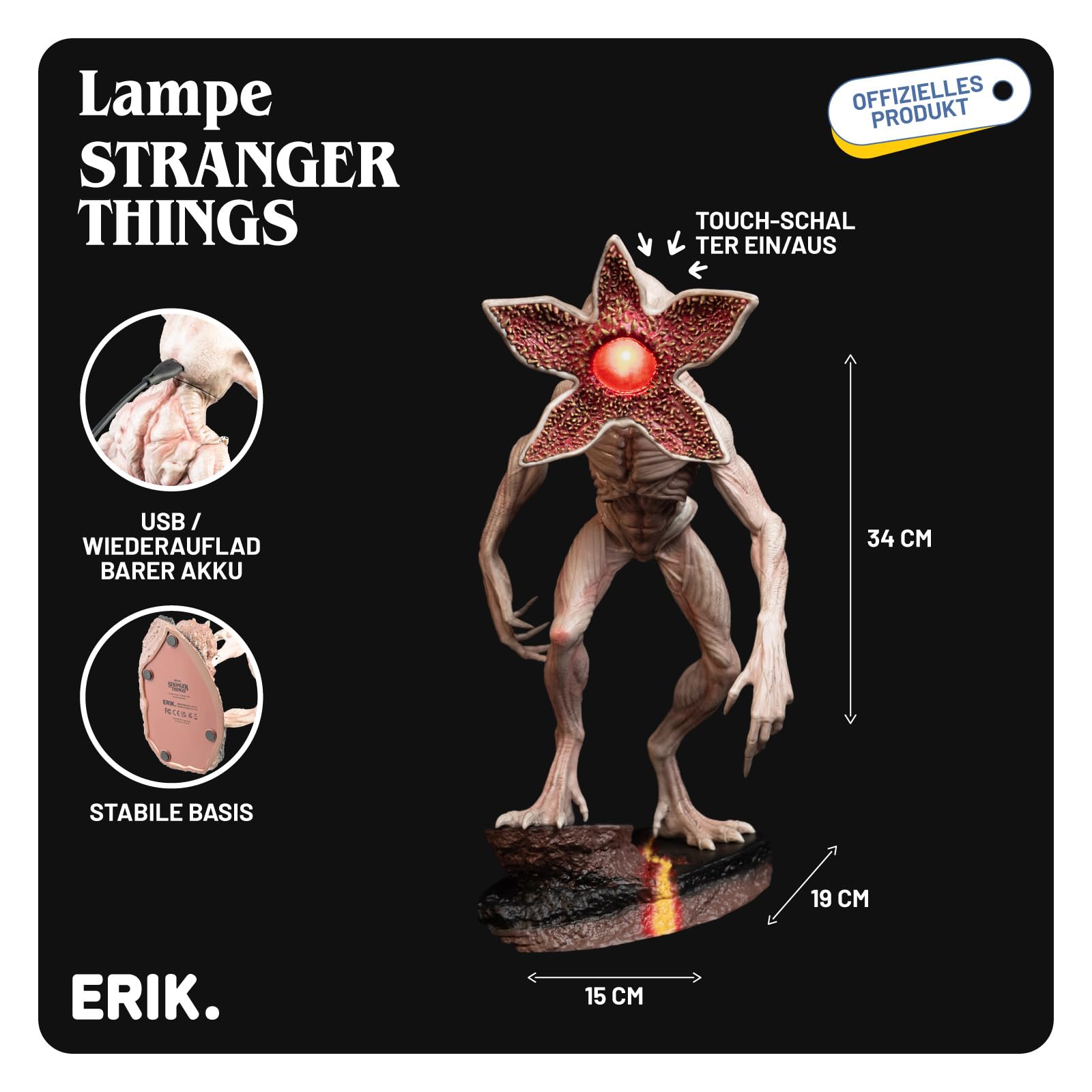 Grupo Erik LED Lampe Stranger Things Demogorgon Licht Deko - Stimmungslicht Schreibtisch 15 x 34 x 19 cm - Nachttischlampe Kinder und Erwachsene Zubehör - Offizieller Stranger Things Merch Fanartikel
