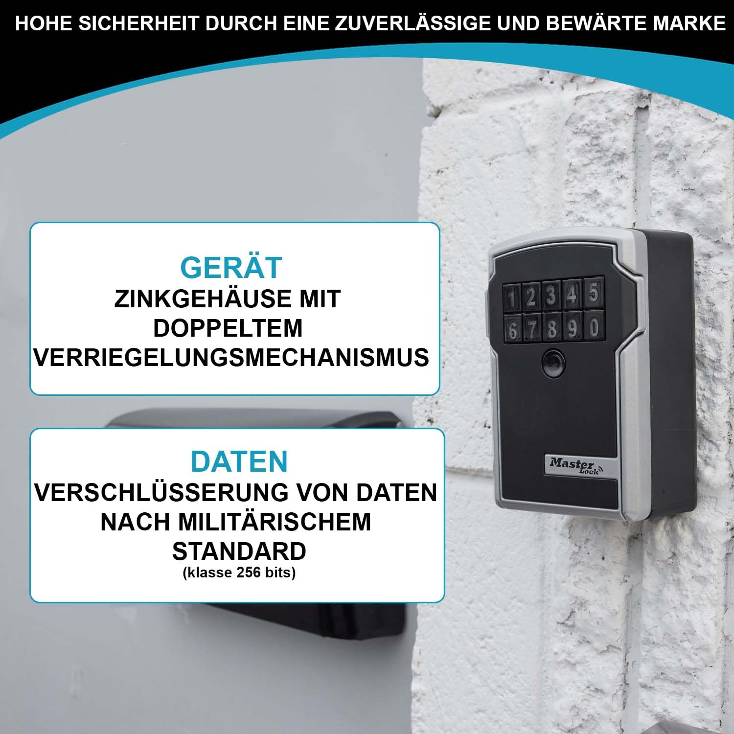 Master Lock Smart Connected Schlüsseltresor zur Wandmontage, Bluetooth oder Kombination, mittel 83 x 127 x 59 mm, Outdoor, für Profis, Schwarz und Grau