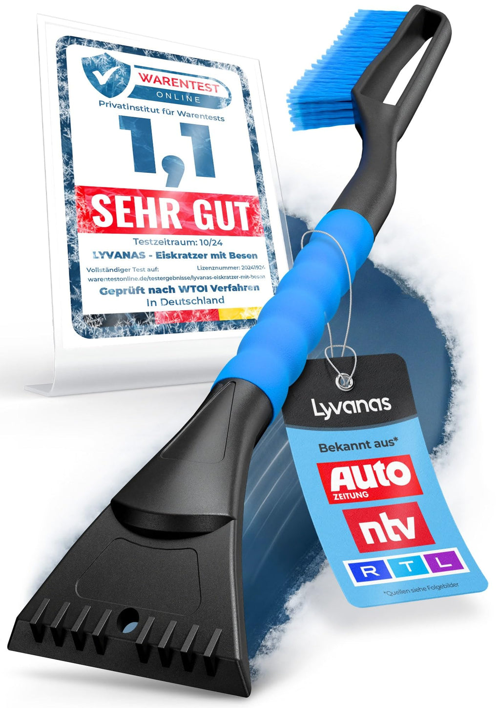 Lyvanas Eiskratzer Auto mit Besen TESTSIEGER 2025* - Ergonomischer Profi Schneebesen Auto schnell & stark - Langlebiger & schonender Scheibenkratzer Auto lang & vielseitig - stabiler Schnee Auto Besen