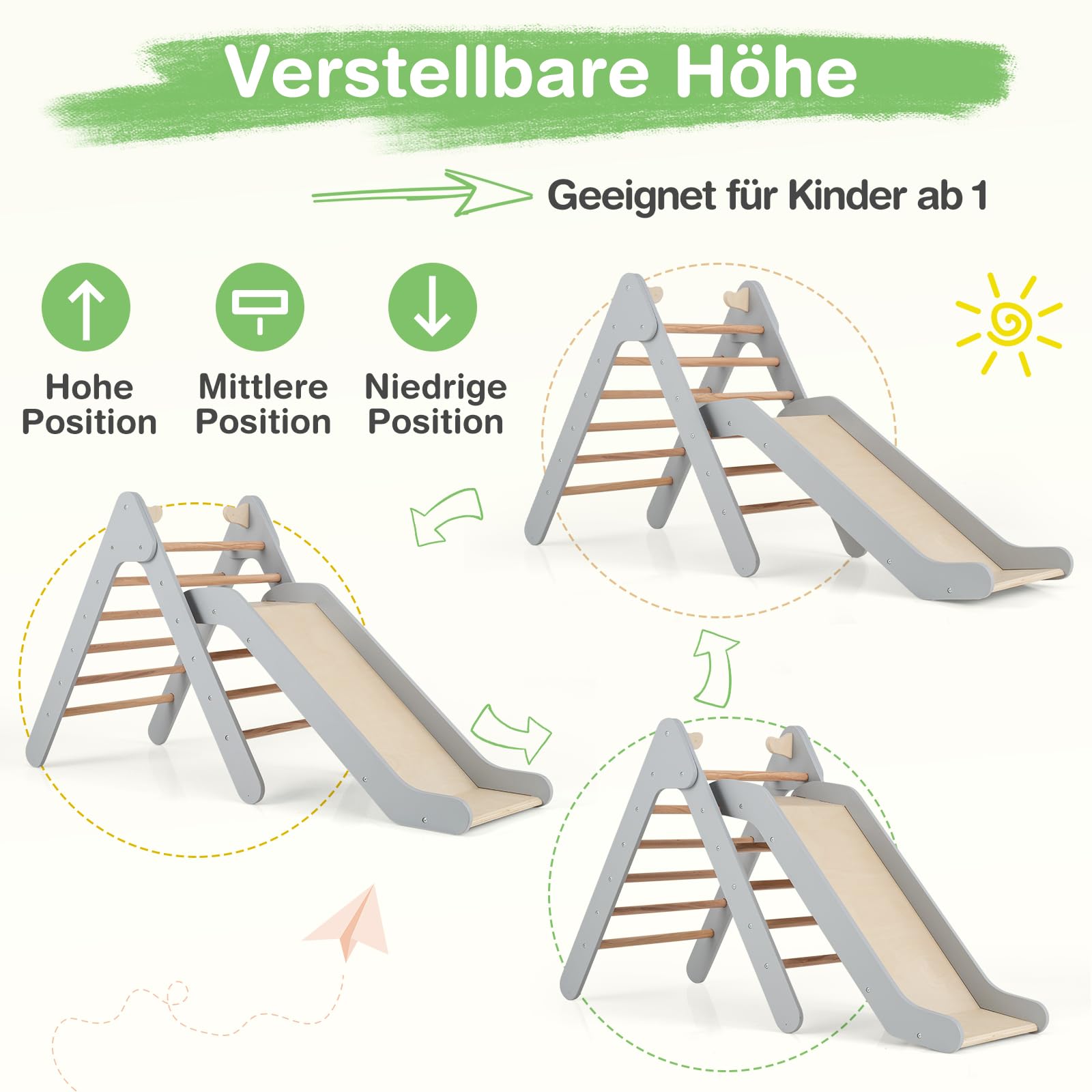 COSTWAY Kletterdreieck mit Rutsche, Klettergerüst aus Holz, Sprossendreieck zum Rutschen und Klettern, für Kinder ab 1 Jahre (Grau)