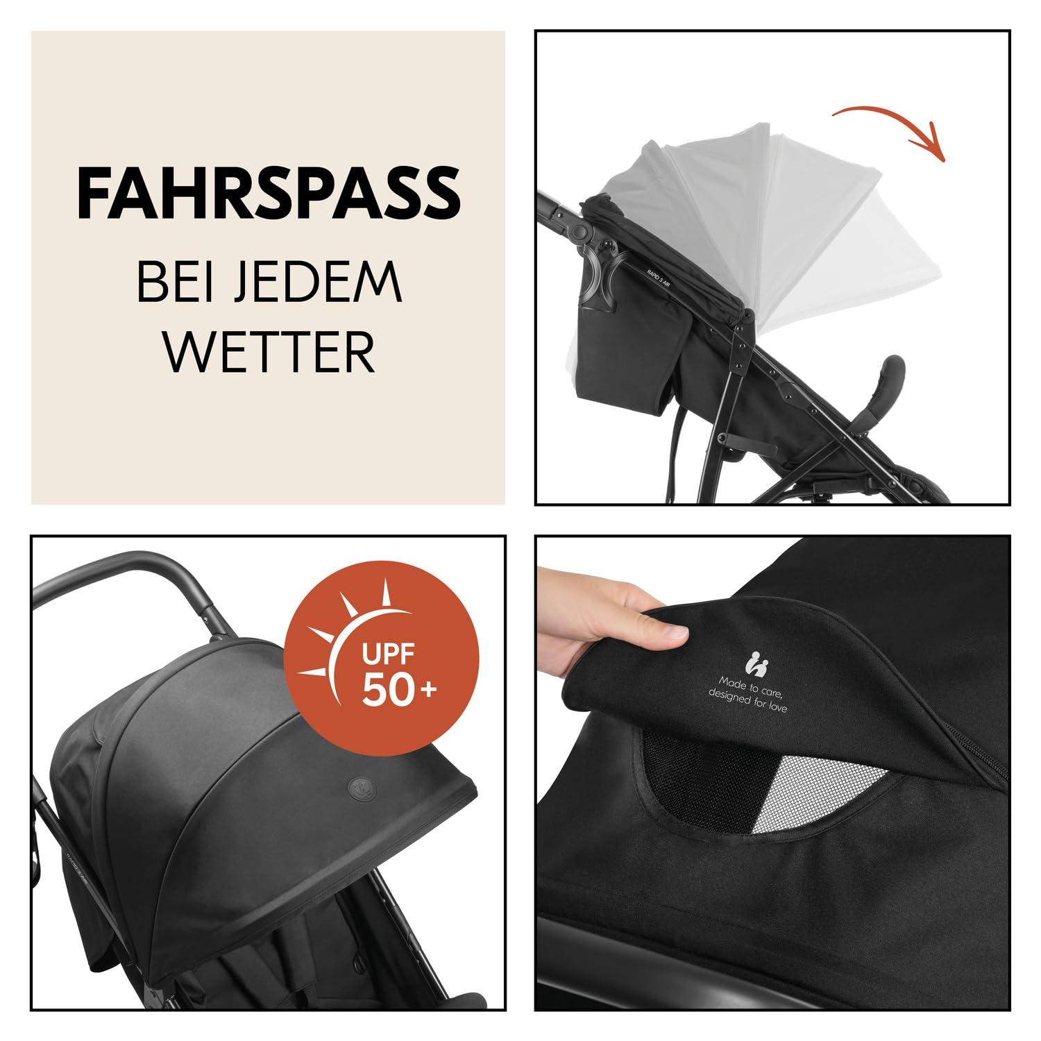 hauck Rapid 3 Air, Schwarz - Dreirad Kinderbuggy mit Luftreifen, Federung und Liegeposition ab Geburt bis 22 kg, UV Schutz 50+, Zusammenklappbar, Höhenverstellbarer Schieber mit Becherhalter