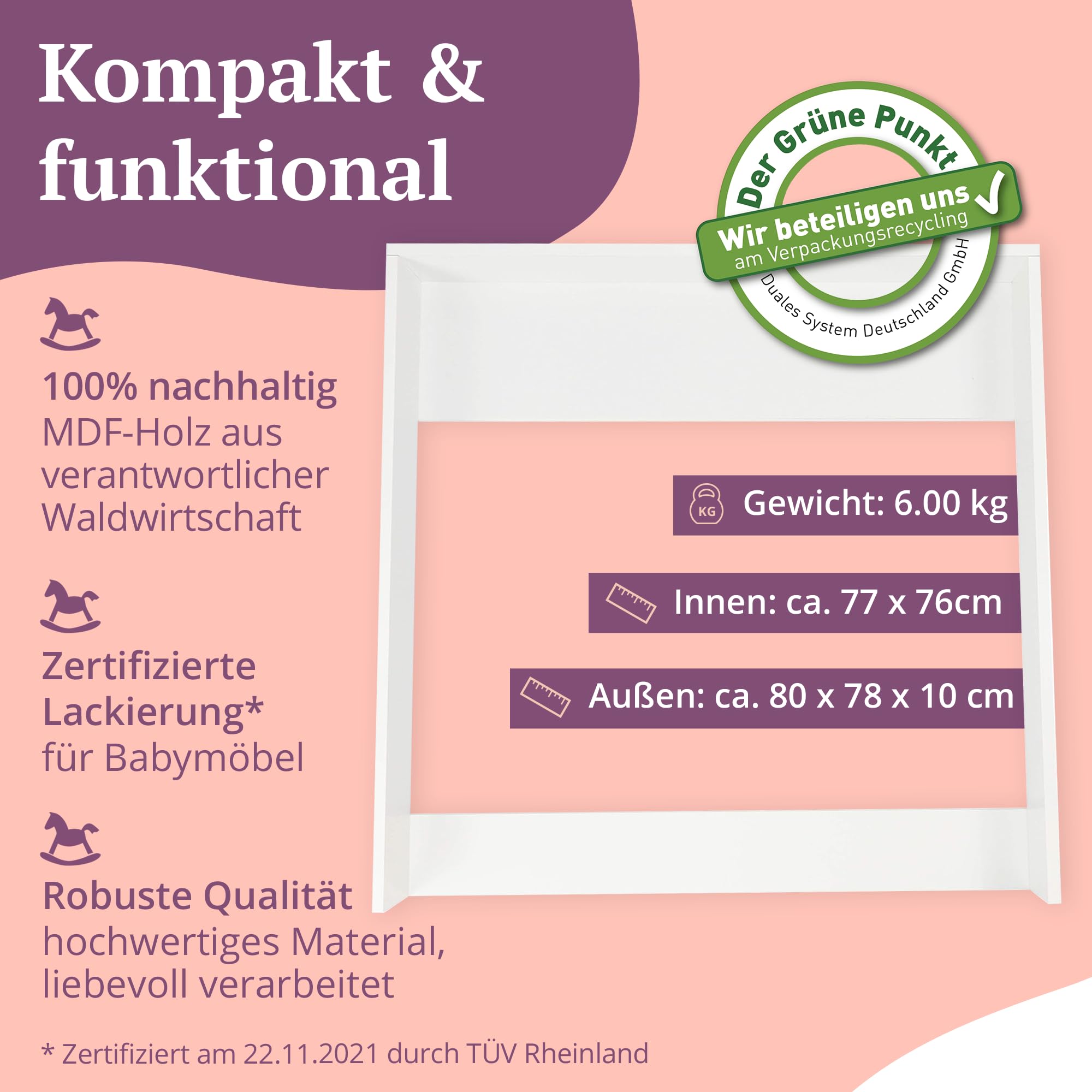 Puckdaddy® Espen | Wickelaufsatz passend für IKEA Malm Kommode u.Ä. | 80x78x10 cm | Wickelauflage aus weißem MDF-Holz | Premium Wickeltischaufsatz inkl. Montagematerial zur Wandmontage