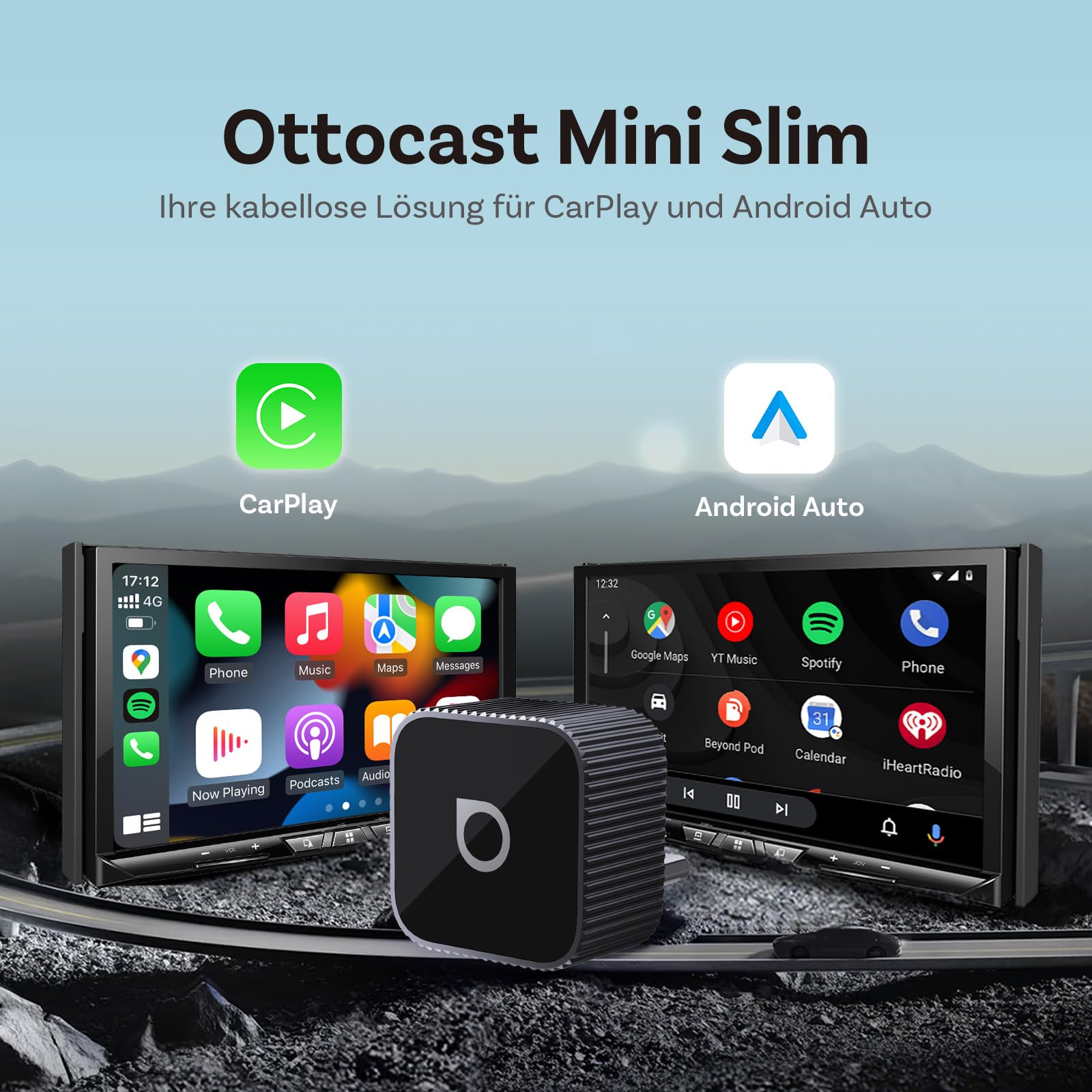 2026 Verbesserter OTTOCAST Mini Slim (USB-C Edition), 2-in-1 Wireless CarPlay & Android Auto Adapter für iOS 10+ & Android 11+, Multi-User-Unterstützung, Plug & Play wandelt Kabel in Wireless(Schwarz)