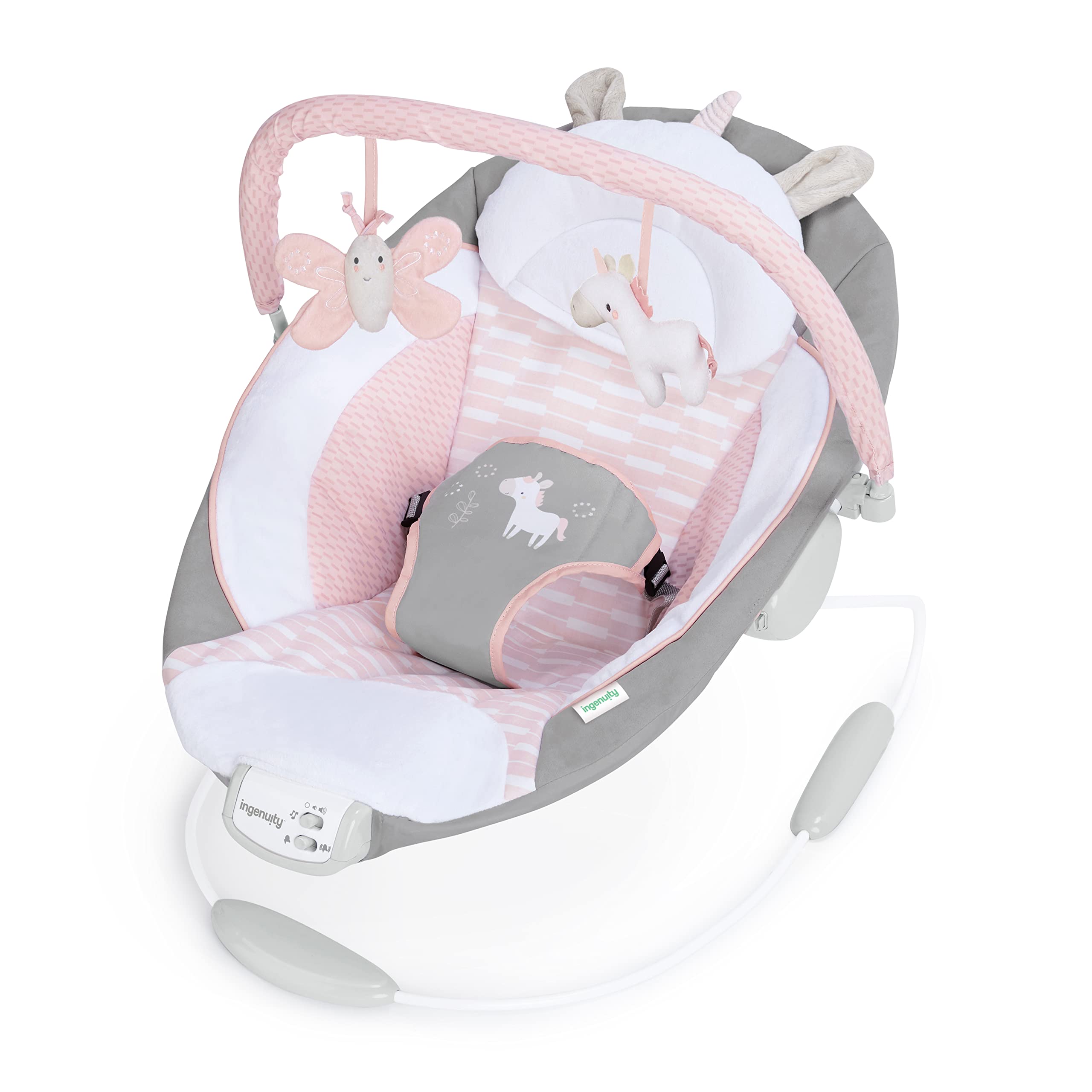 Ingenuity, Babywippe Babyschaukel mit Vibration und 8 Melodien, abnehmbare spielbogen, gepolsterter Kopfstütze, Sicherheitsgurt, Babysitz ,Lautstärkeregler, grau / rosa, ab der Geburt bis 9kg