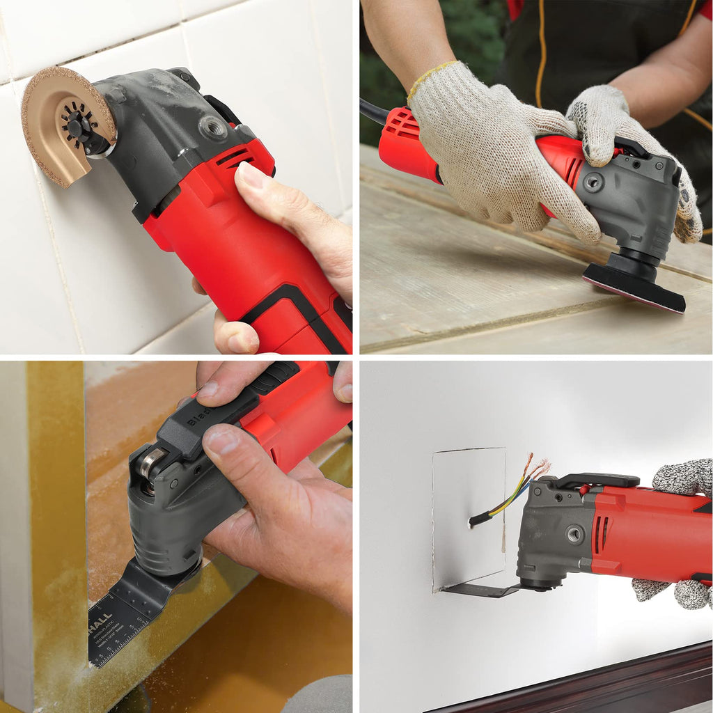 SHALL Oszillierendes Werkzeug, oszillierendes 500-W-Multifunktionswerkzeug-Kit mit 5° Oszillationswinkel, Schnellwechsel, 6 Geschwindigkeiten, Hilfsgriff, 34 Sägezubehör und Tragetasche