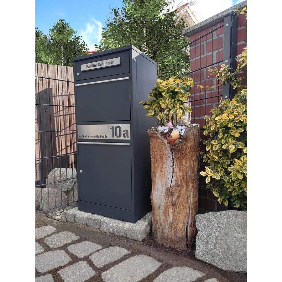 Metzler Paketbox, Briefkasten mit großem Paketfach in Anthrazit, personalisierte Paketbox für draußen, Standbriefkasten mit Paketfach, Paketkasten, Postbox mit Gravur, rostfrei und massiv - Bispo 2