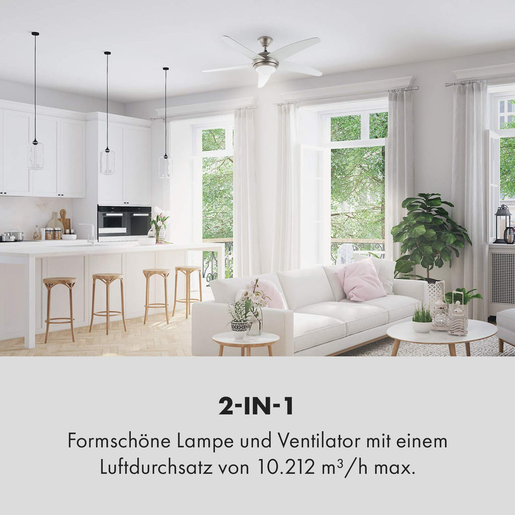 Klarstein Bolero - 2-in-1-Deckenventilator 134cm durchmessender Ventilator, Leuchte 55W Leistung, Holzflügel, Fernbedienung, 50 dB, 3 Drehgeschwindigkeiten: schnell, mittel, langsam, weiß