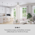 Klarstein Bolero - 2-in-1-Deckenventilator 134cm durchmessender Ventilator, Leuchte 55W Leistung, Holzflügel, Fernbedienung, 50 dB, 3 Drehgeschwindigkeiten: schnell, mittel, langsam, weiß