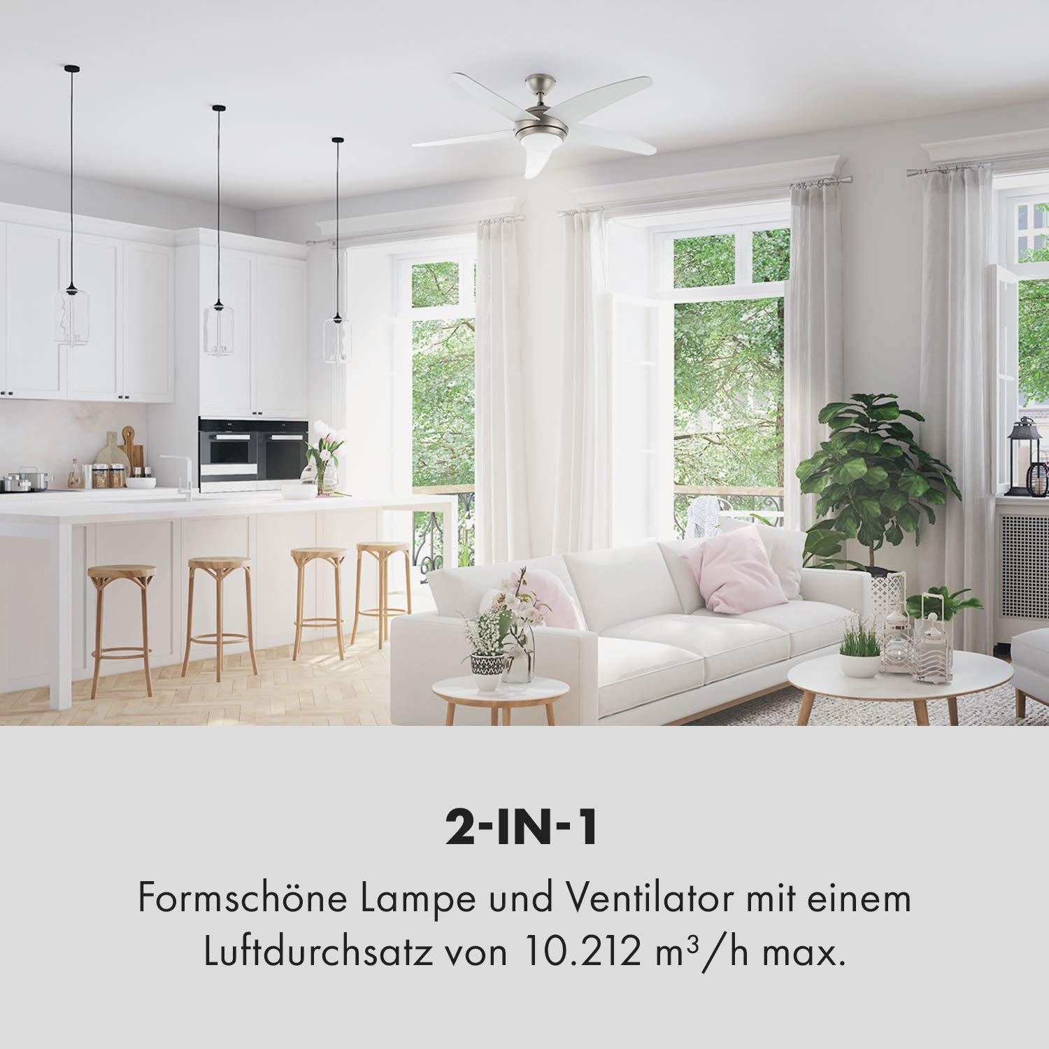 Klarstein Bolero - 2-in-1-Deckenventilator 134cm durchmessender Ventilator, Leuchte 55W Leistung, Holzflügel, Fernbedienung, 50 dB, 3 Drehgeschwindigkeiten: schnell, mittel, langsam, weiß