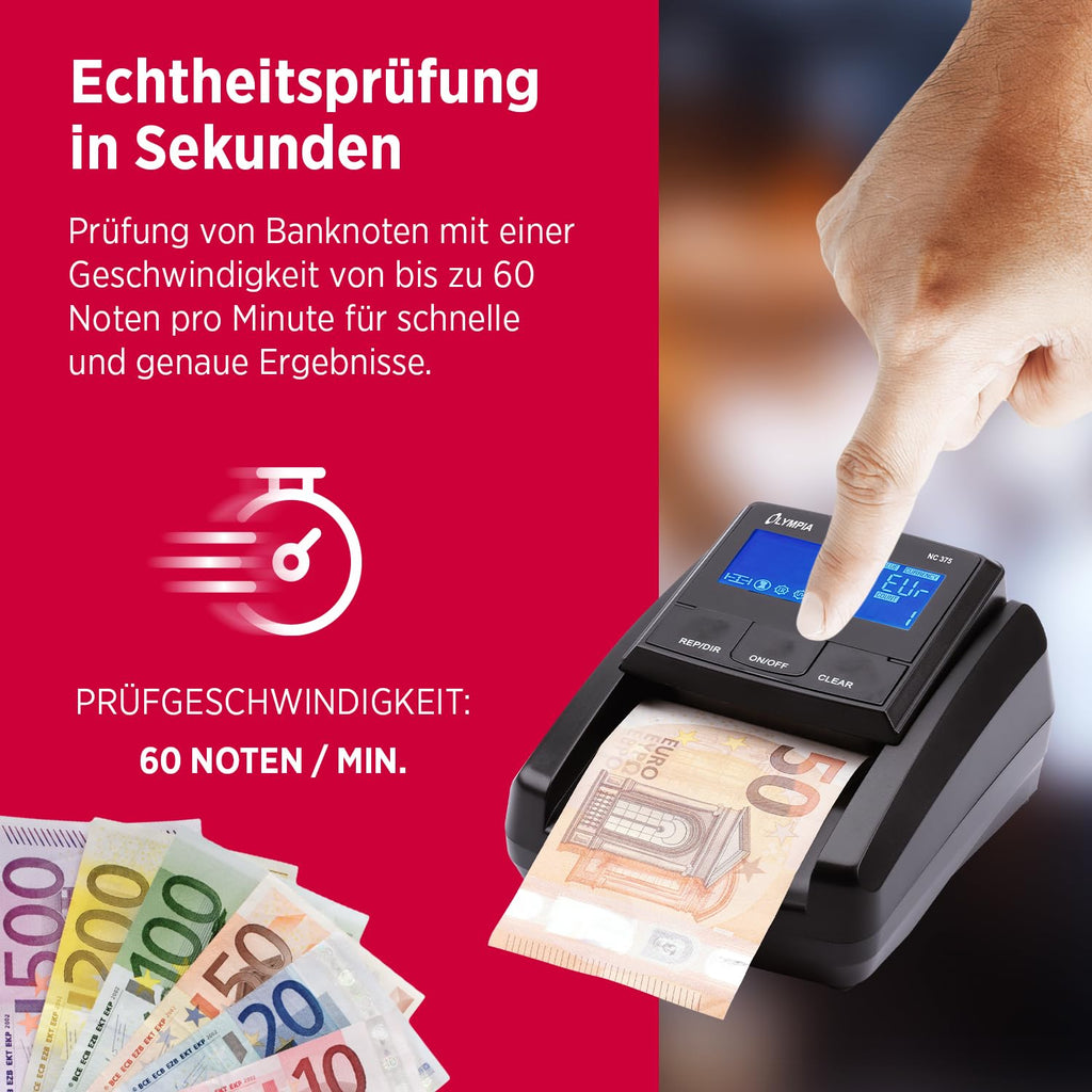 Olympia NC 375 Geldprüfgerät | Geldscheinprüfer mit IR, MG, UV Sensoren | Geldzähler für Euro, Dollar, Pfund | Falschgeld Prüfer | Hohe Prüfgeschwindigkeit | Geldprüfgerät für Scheine | LCD Display