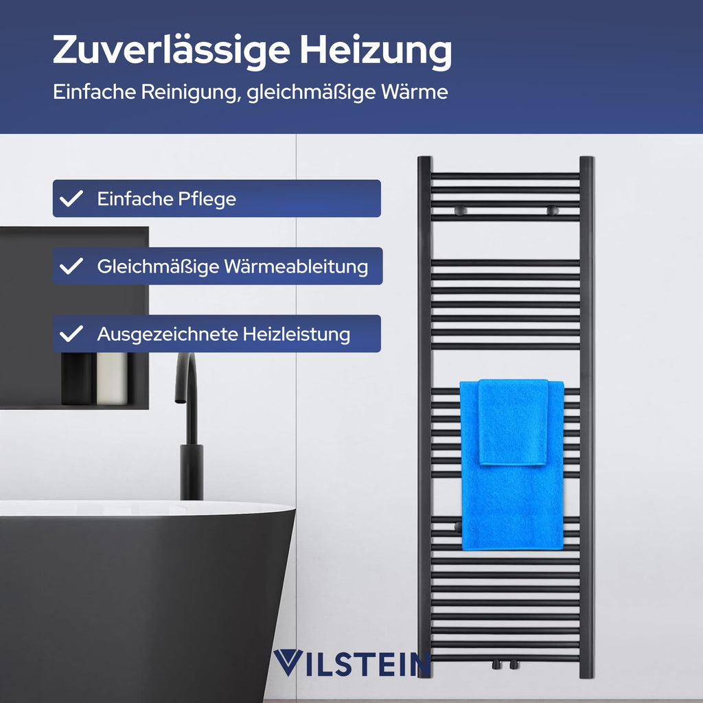 VILSTEIN® Badheizkörper [150x50cm] - Handtuchheizkörper Elektrisch Nutzbar - Handtuchtrockner Badezimmer - Handtuch Heizkörper Bad mit Seitenanschluss - Handtuchheizung - Wandheizkörper (Schwarz)
