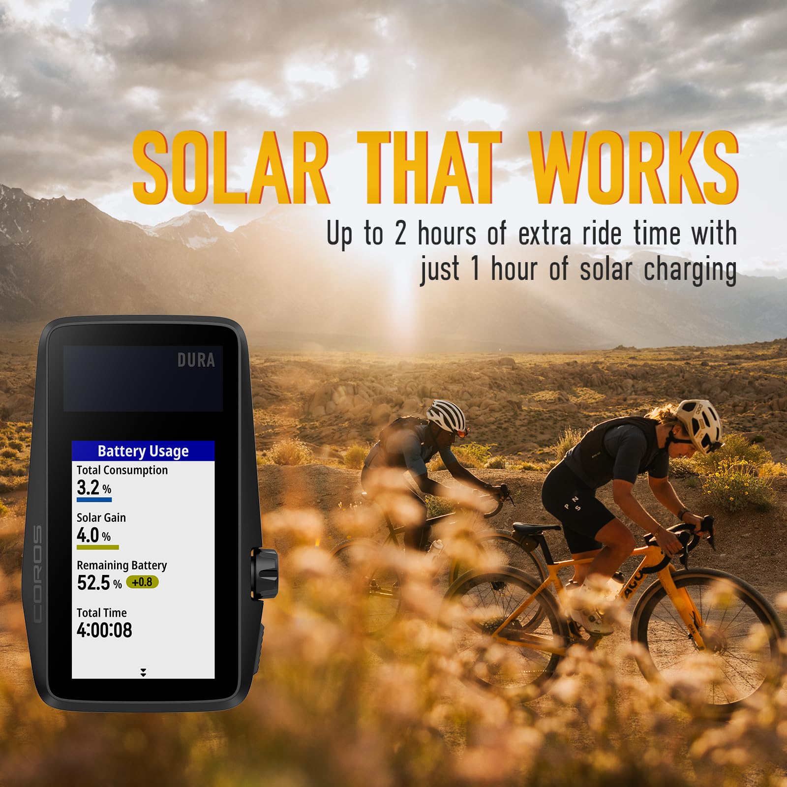 COROS DURA Solar GPS Fahrradcomputer, 120 Stunden GPS-Akkulaufzeit, Solaraufladung, 2,7” MIP Farb-Touchscreen Fahrrad Navi, schnelle Datensynchronisierung, Turn-by-Turn Navigation, Dualfrequenz GPS