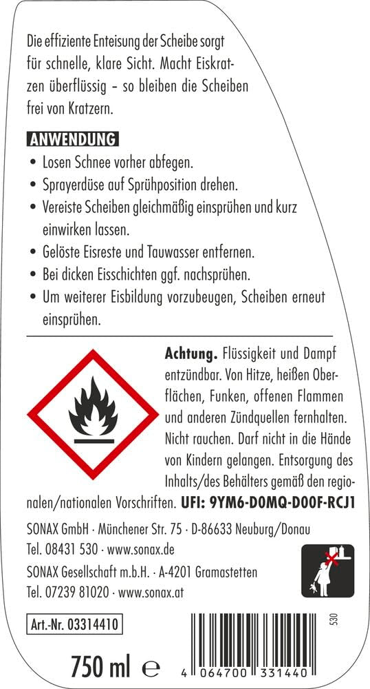 SONAX ScheibenEnteiser (750 ml) sekundenschnelles enteisen von Scheiben ohne kratzen und eine rundum klare Sicht im Winter | Art-Nr. 03314410