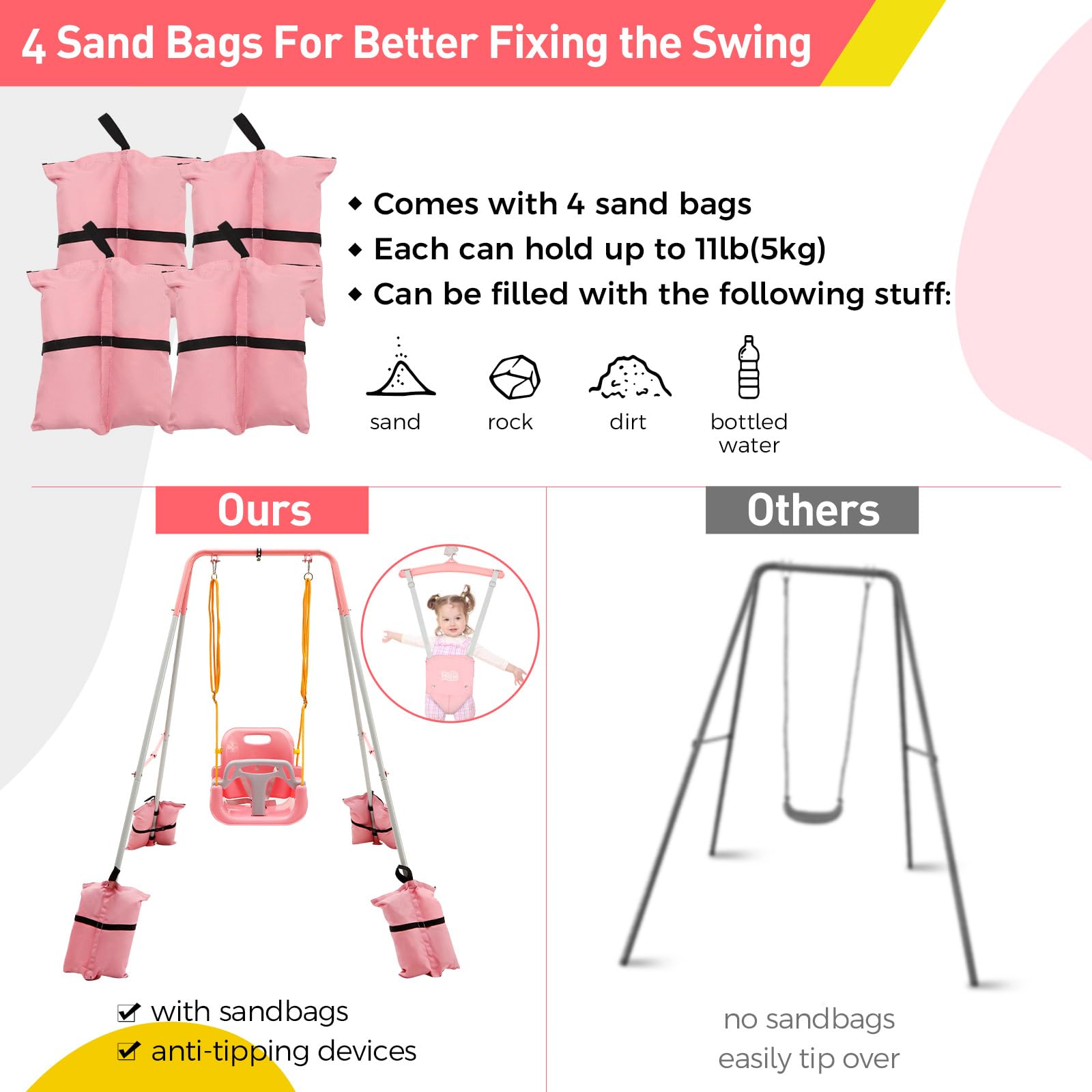 FUNLIO 2-in-1 Schaukeln Set und Baby Türhopser für Kleinkinder, Schaukelset für Kinder mit 4 Sandsäcken, Faltbarer Metallständer für drinnen und draußen, einfach zu montieren und aufzubewahren - Rosa