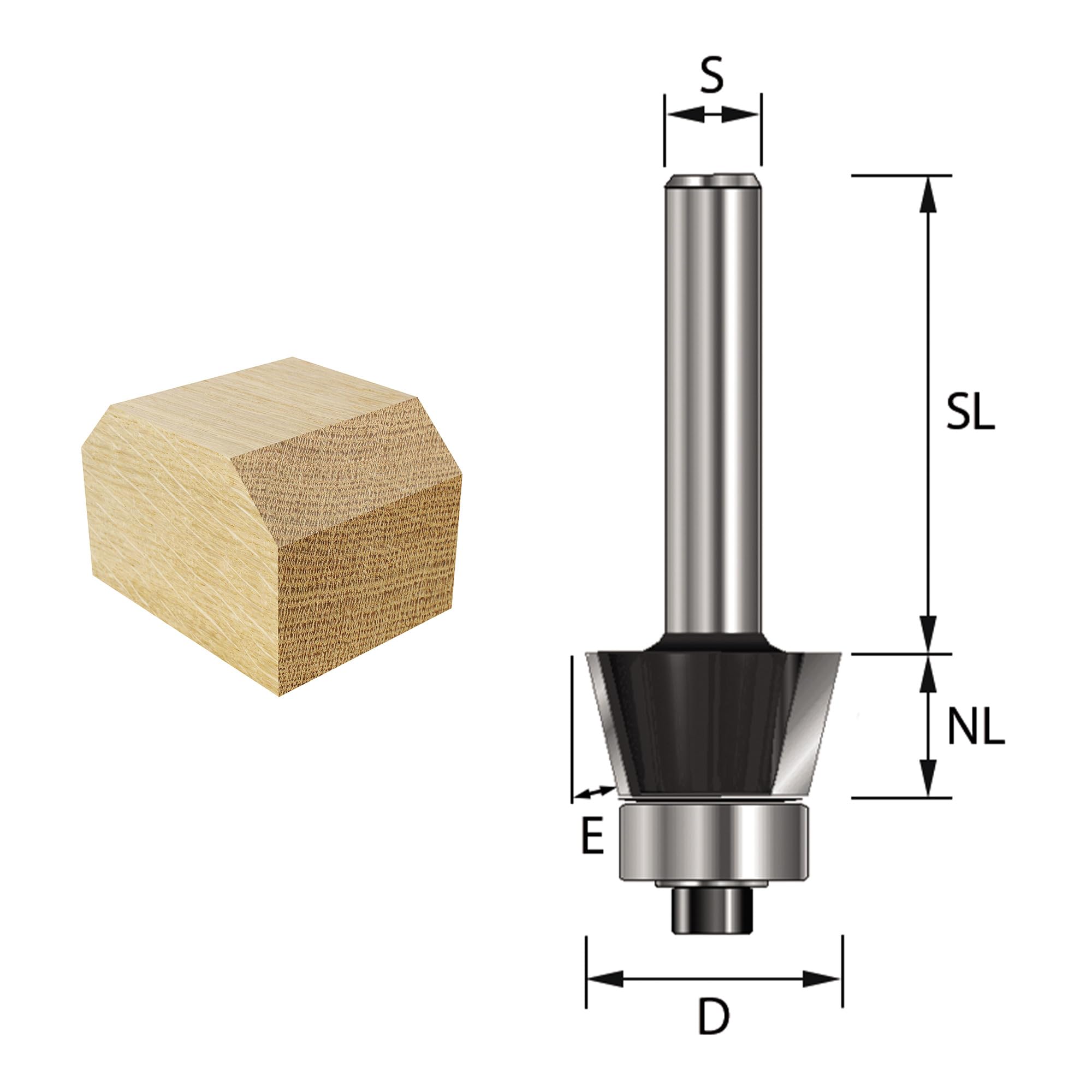 ENT 13744 Fasefräser HW, Schaft (S) 8 mm, Durchmesser (D) 23 mm, NL 9,5 mm, E 30°, SL 32 mm, mit Kugellager