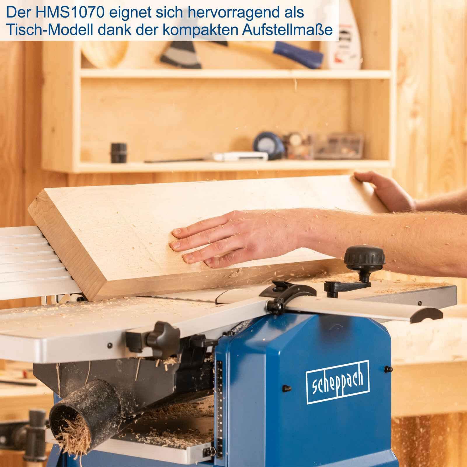 Scheppach Abricht- und Dickenhobelmaschine HMS1080 | 230V 1500 Watt | 2 HS-Hobelmesser | Hobelbreite 254 mm | Durchlasshöhe: 120mm | Messerdrehzahl 8500 min-1 | Spanabnahme max. 2mm