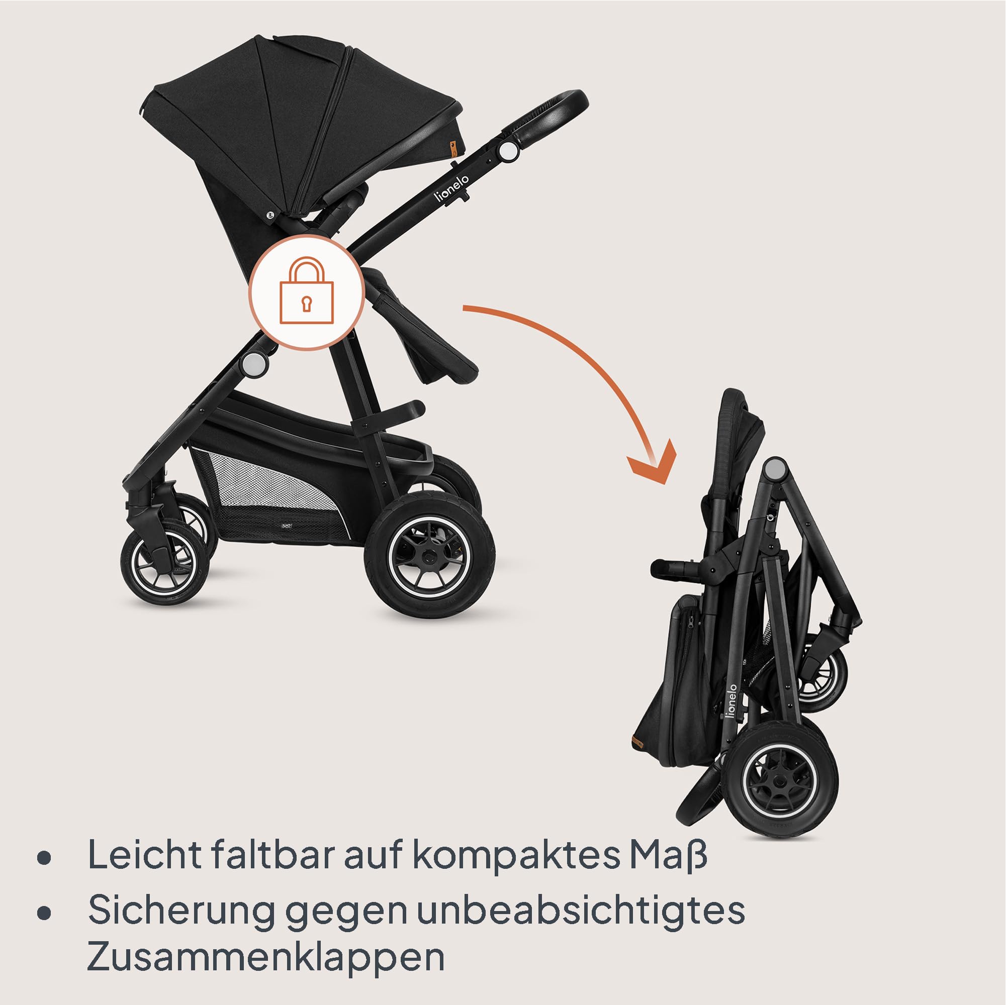 LIONELO BIANKA Kinderwagen 3 in 1 bis 22 kg Babywanne Autositz, Zusammenlegbar, Reise-System, Einstellung der Rückenlehne, Räder 360 Stoßdämpfer, Verdeck XXL