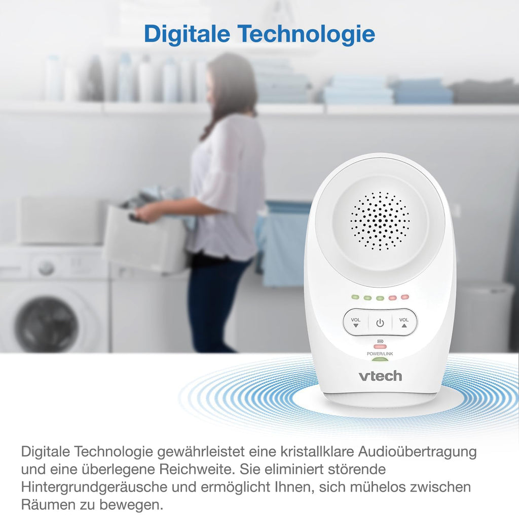 VTech BM1120 Baby-Audioüberwachungsgerät, klare Tonübertragung und Sicherheit, Lange Reichweite, 5-stufige LED-Lautstärkeanzeige, Gürtelclip, wiederaufladbare Batterien