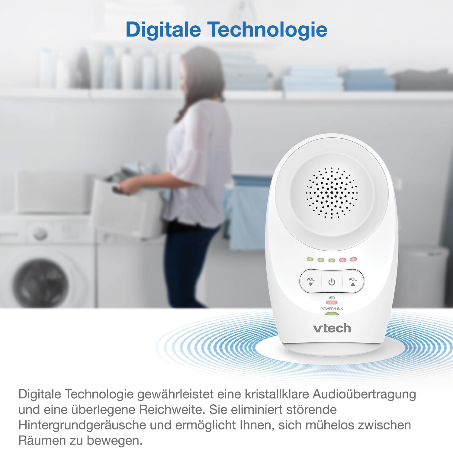 VTech BM1120 Baby-Audioüberwachungsgerät, klare Tonübertragung und Sicherheit, Lange Reichweite, 5-stufige LED-Lautstärkeanzeige, Gürtelclip, wiederaufladbare Batterien