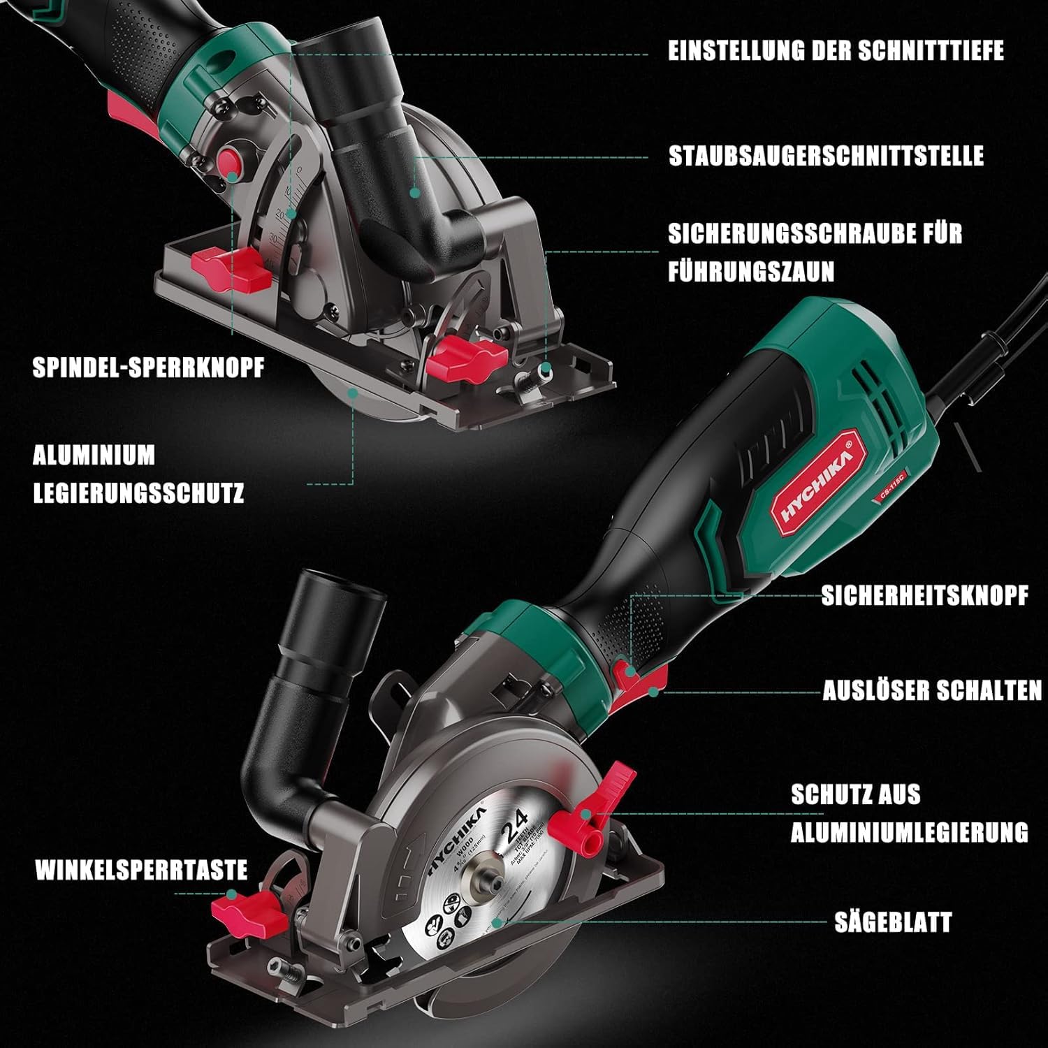 HYCHIKA Handkreissäge, 750W Kreissäge 3500U mit 3 Sägeblättern (115 und 125mm) mit Führungsschiene Max Schnitttiefe 48mm(90°)/32mm(45°), mini Kreissäge für Holz, Weichmetall, Fliesen u.s.w