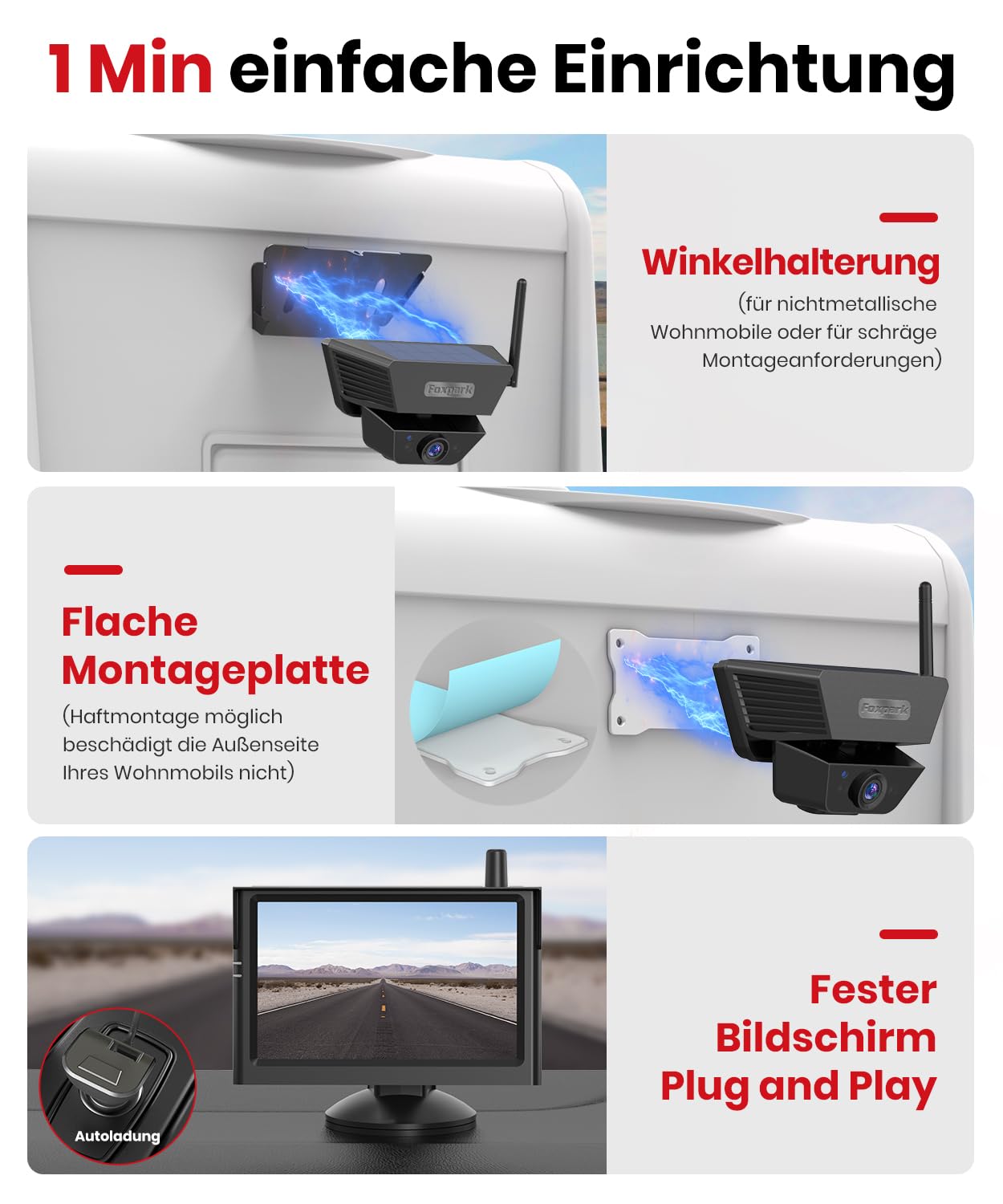 Solar Rückfahrkamera Kabellose Magnetisch: 5 Zoll HD 1080P Bildschirm 1 Min Magnetische Installation Starke Signal IP69K wasserdichte Rückfahrkameras mit Aufbewahrungstasche für Auto SUV LKW Anhänger