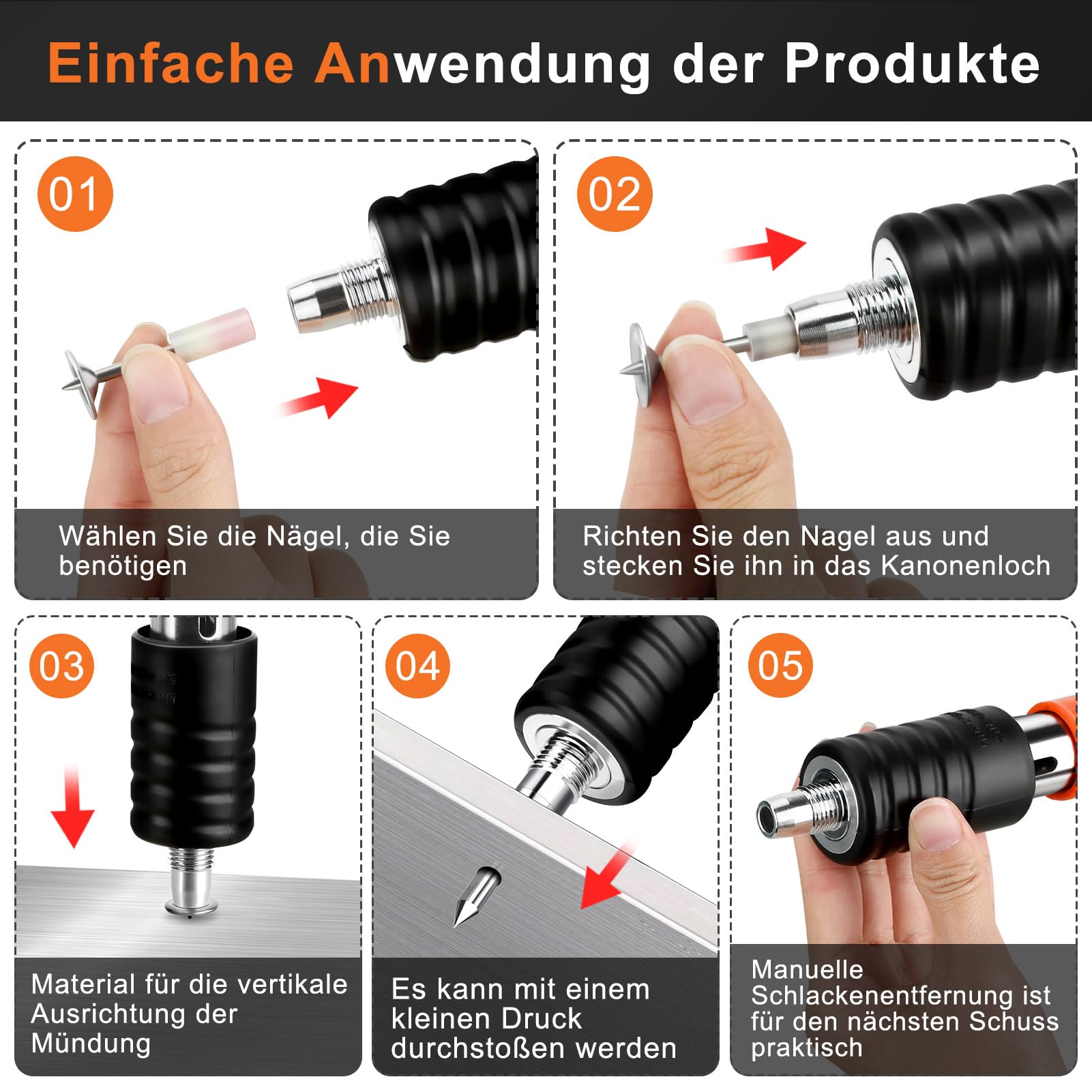 Manuelle Nagelpistole, 5 Gänge Nagelpistole Nail Gun mit 300 Runden Nägeln, Beton-Nagelpistole für Stahl & Beton, Tragbare Nail Gun für Decken-/Draht-Hider mit Handschuhen