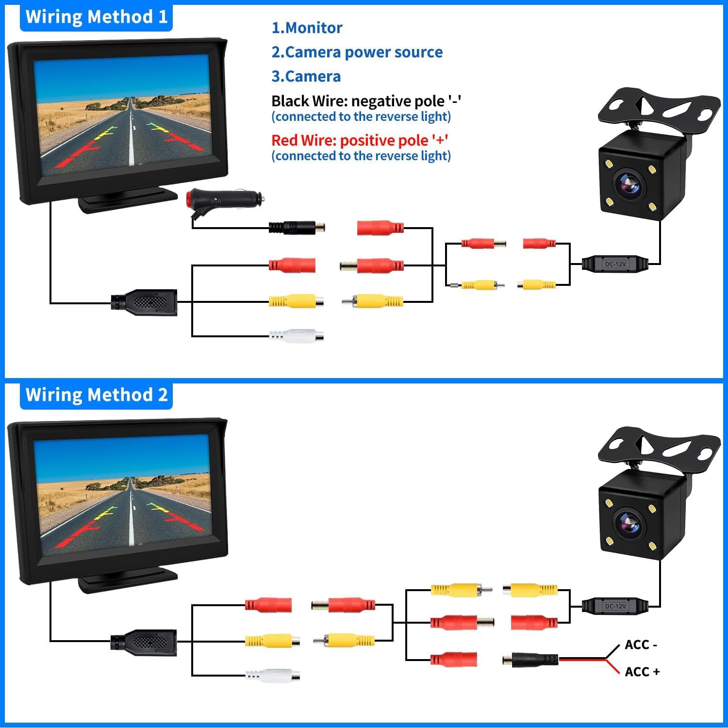 Kairiyard 5 Zoll HD Auto LCD Monitor mit 4LED Nachtsicht Wasserdicht Auto Rückansicht Rückfahrkamera Rückfahrsystem für PKW,SUV,Lieferwagen,Pickups und LKW