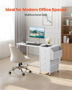 VEVOR Computertisch Bürotisch Schreibtisch (120 x 50 cm Tischplatte), moderner Arbeitstisch mit Stoffschubladen & 99 kg Tragkraft & Aufbewahrungshaken für Homeoffice Arbeitszimmer Wohnzimmer, Weiß
