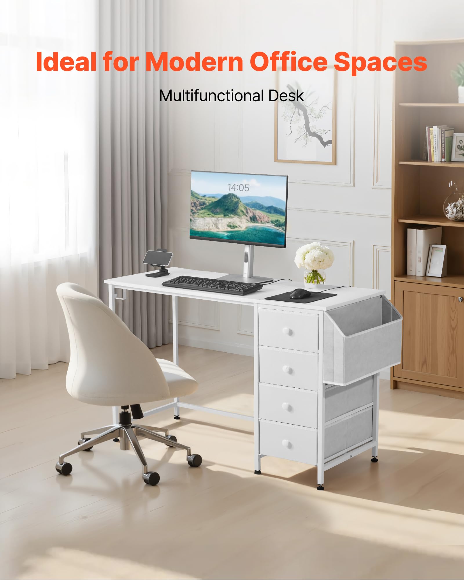 VEVOR Computertisch Bürotisch Schreibtisch (120 x 50 cm Tischplatte), moderner Arbeitstisch mit Stoffschubladen & 99 kg Tragkraft & Aufbewahrungshaken für Homeoffice Arbeitszimmer Wohnzimmer, Weiß